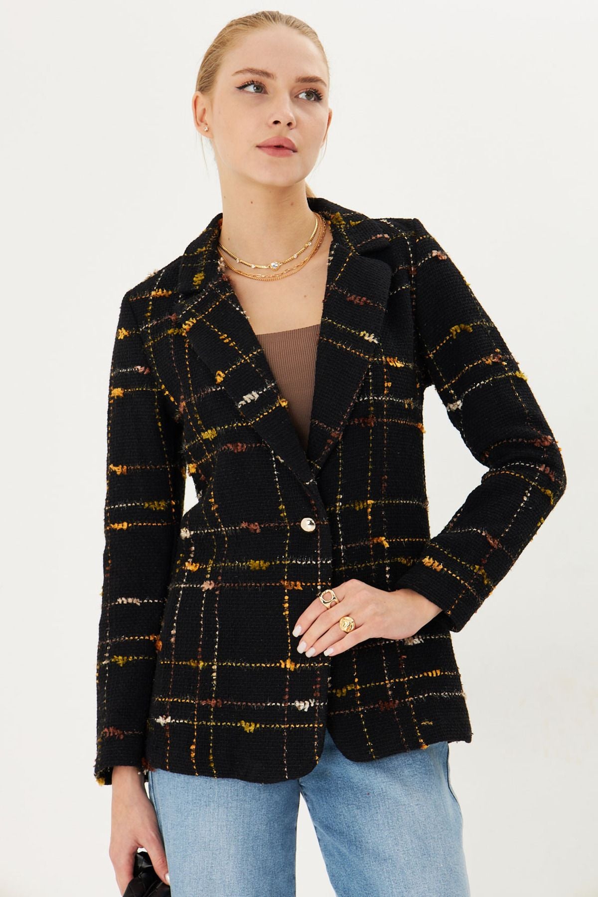 Woman Yellow Tüvit Fabric Single Button Jacket ARM-25K001042