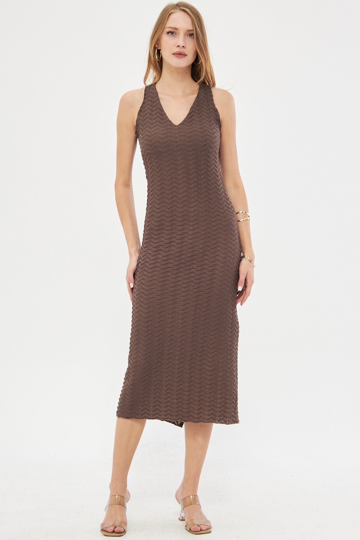 Woman Coffee V-Neck Sitting Behind Behind Slitting Patterned Midi Boy Dress ARM-24Y001102