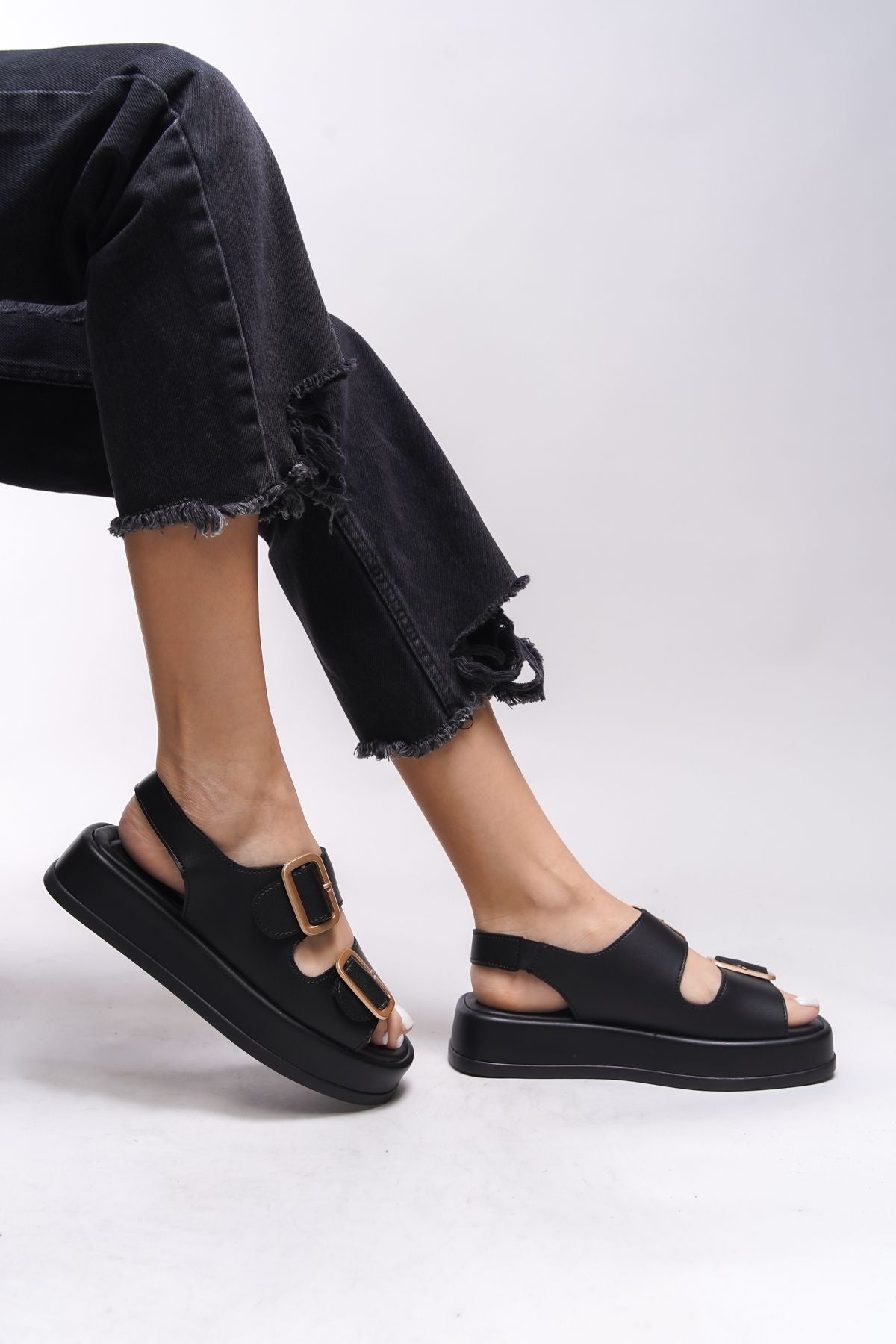 Ghinrada female double buckle sandals 0012793 black skin