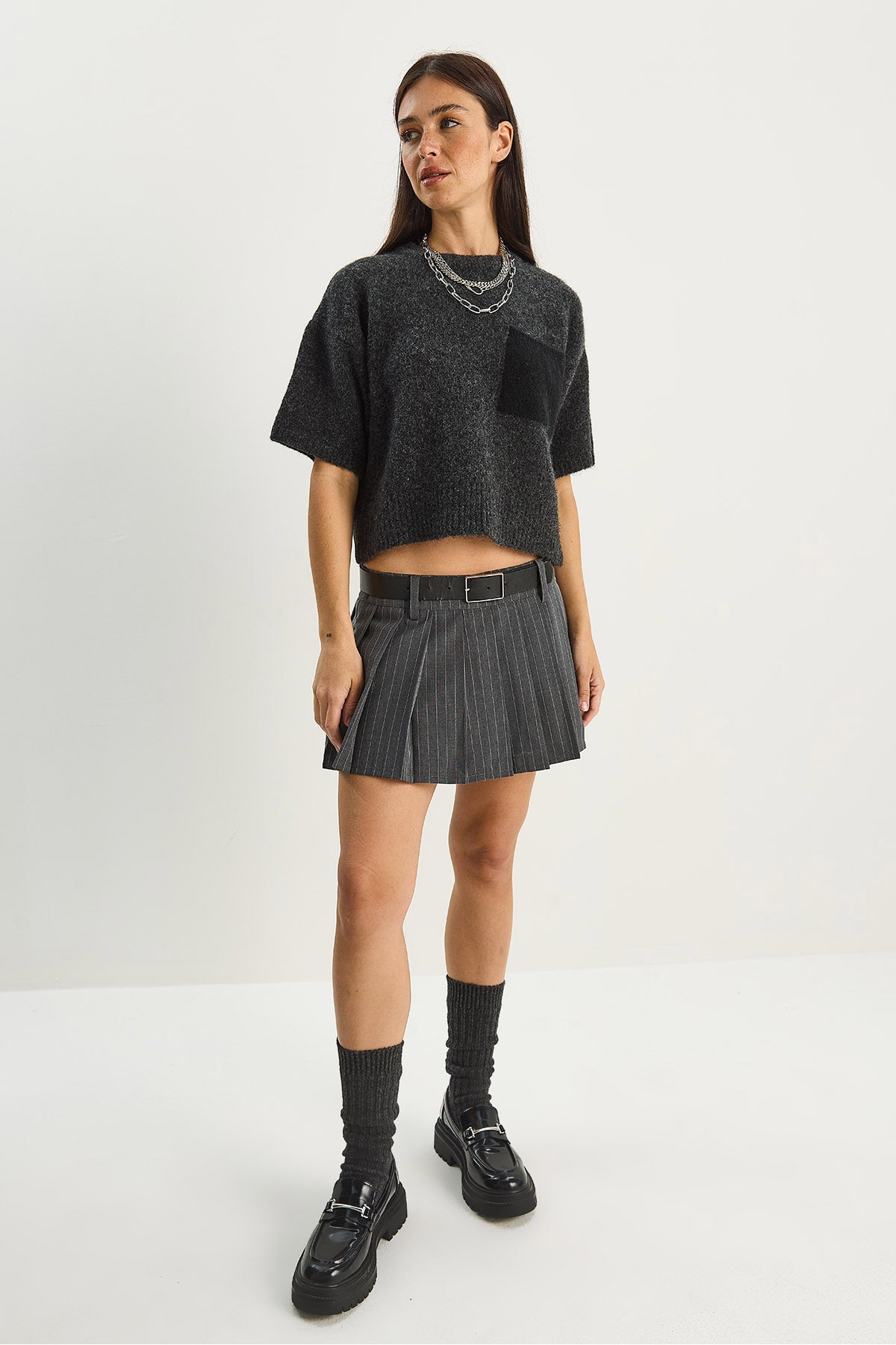 Women's Color Block Pocketed Short Sleeve Knitwear Sweater 2551 60283758