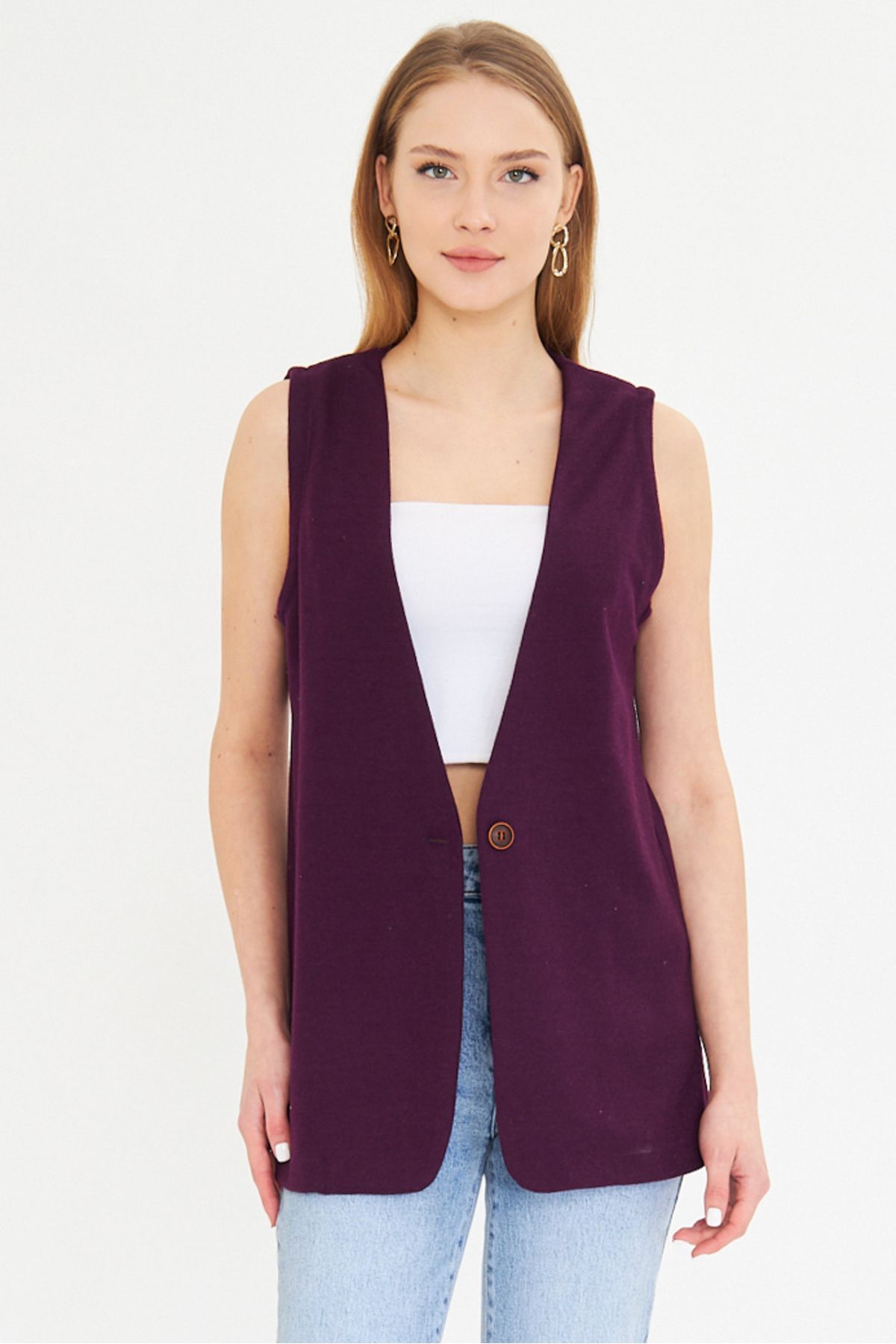 Woman Purple V-Yaka Single button Oversize Patterned Vest ARM-25K001110
