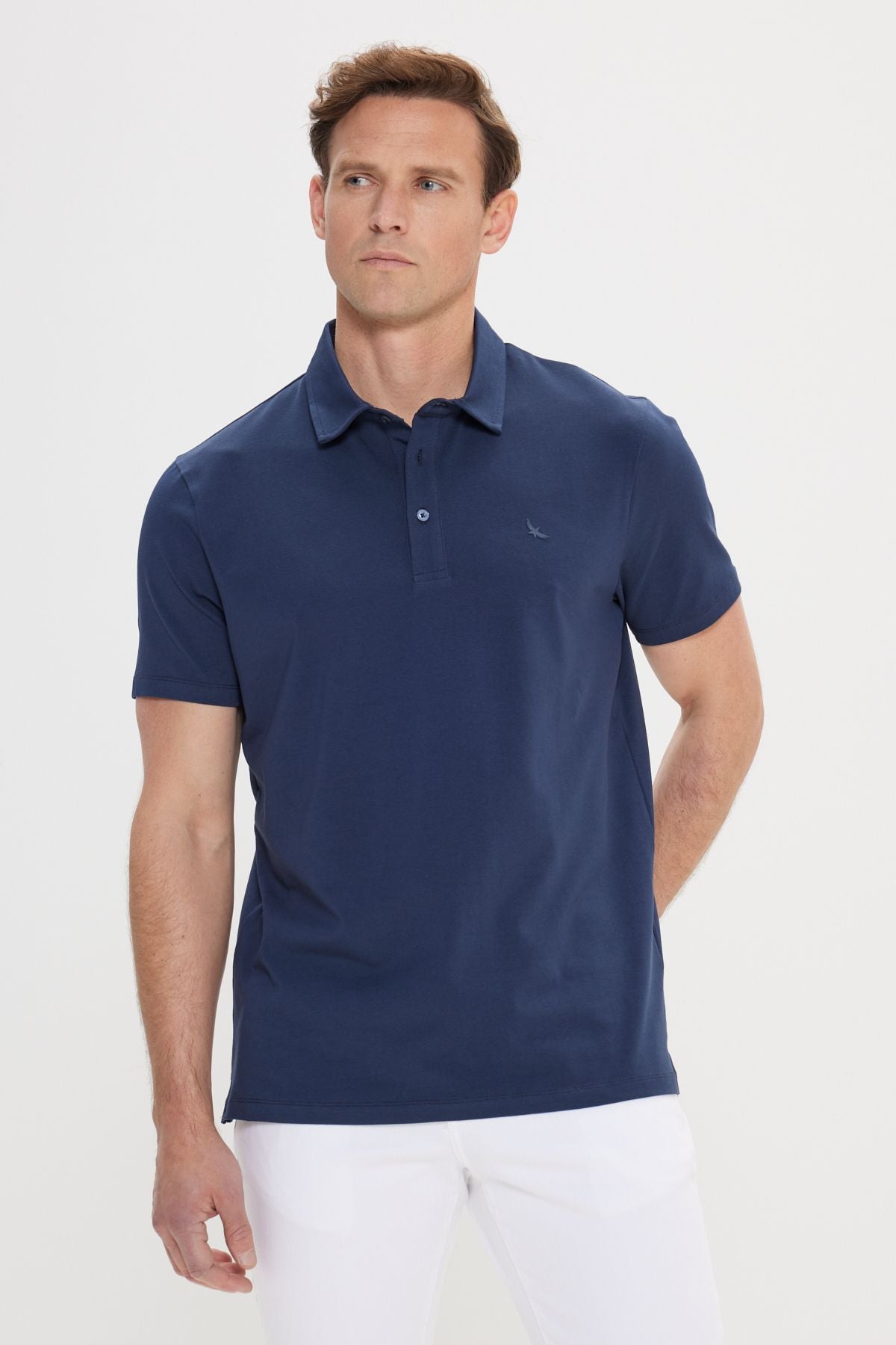 Men's navy blue slim fit narrow cut polo collar cotton t -shirt