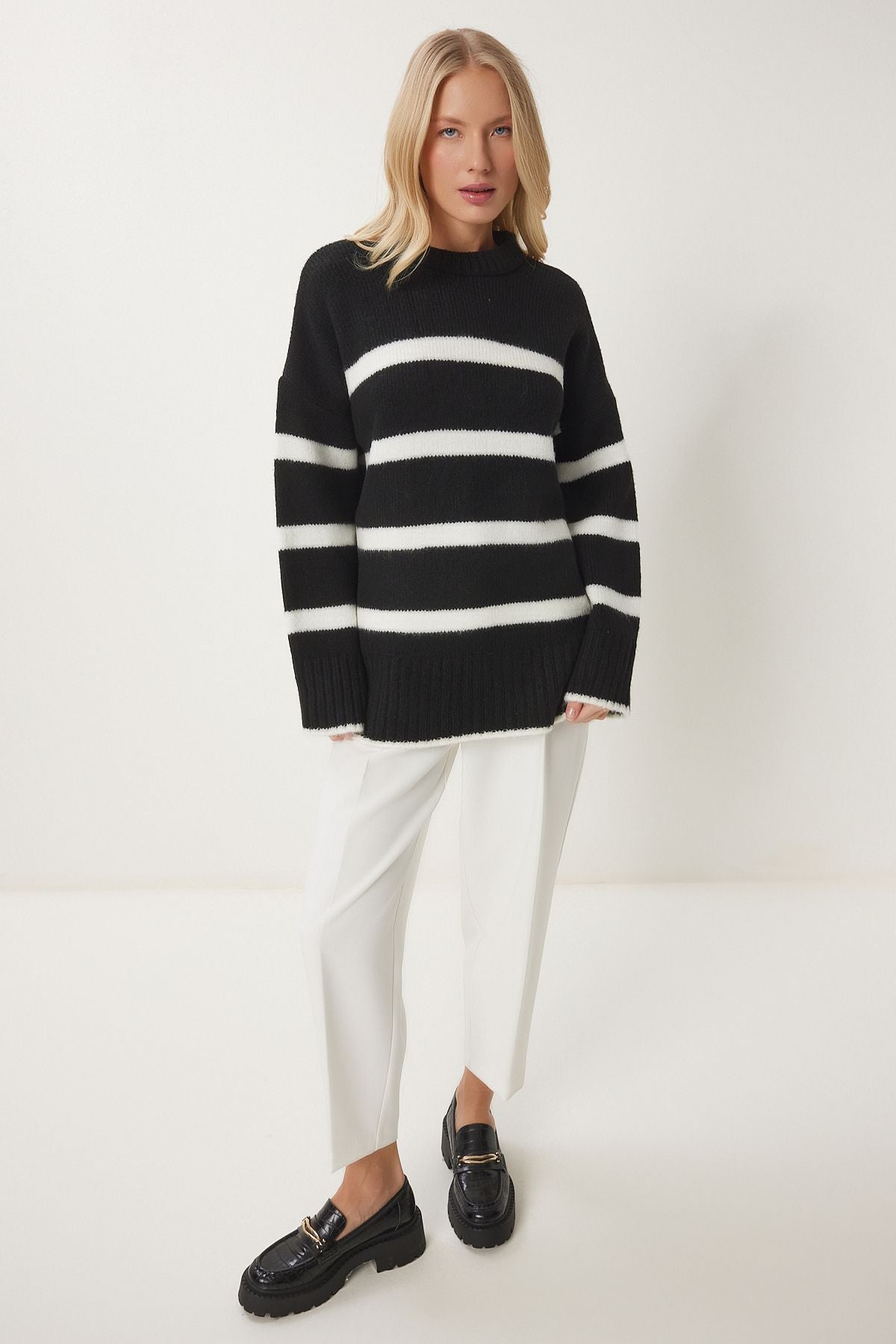 Female Black Ecru Bicycle Collar Striped knitwear sweater PF00107