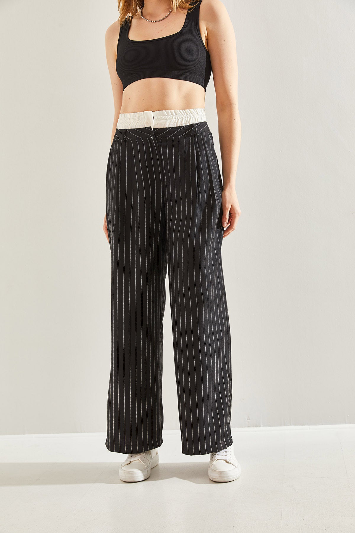 Women's Contrast Waist Detailed Striped Woven Trousers 60241010