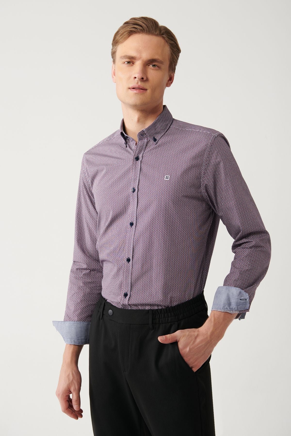 Men's Bordeaux 100 %Cotton button collar 100 %cotton patterned shirt A32Y2179