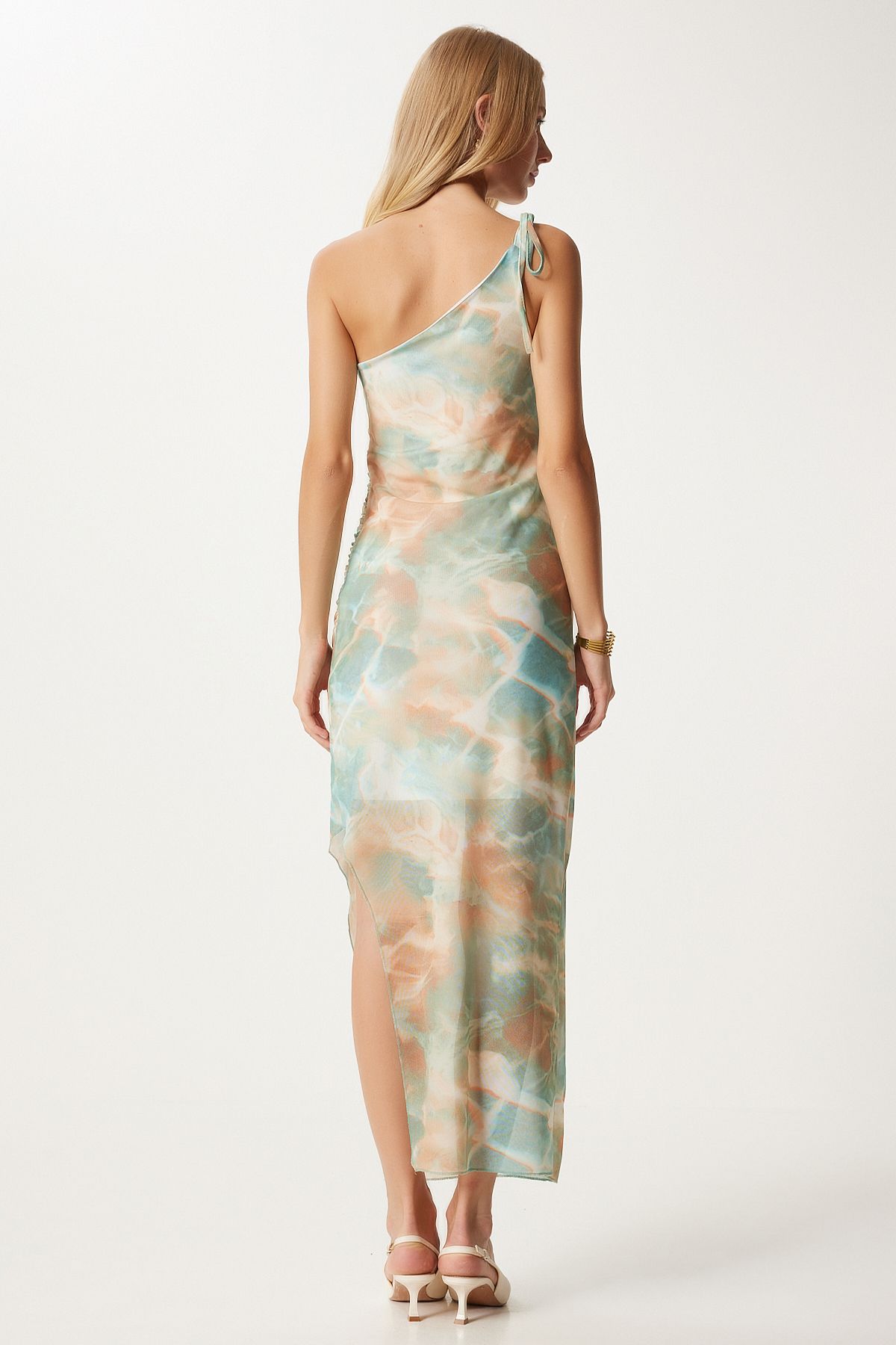 Female Water Green One Shoulder Patterned Slit Tulle Dress FN03332