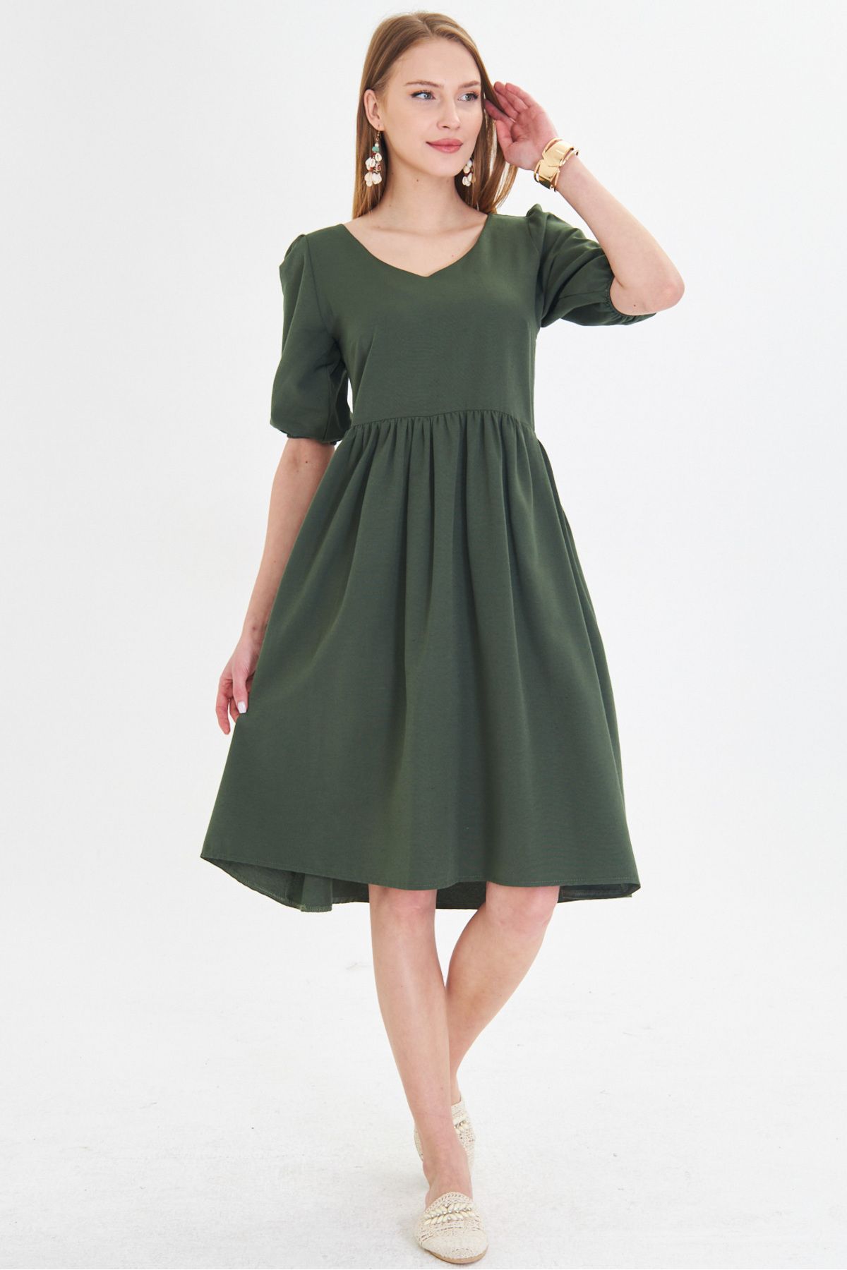 Woman Khaki U collar arms with rubber waist shirred midi size dress ARM-25Y001003