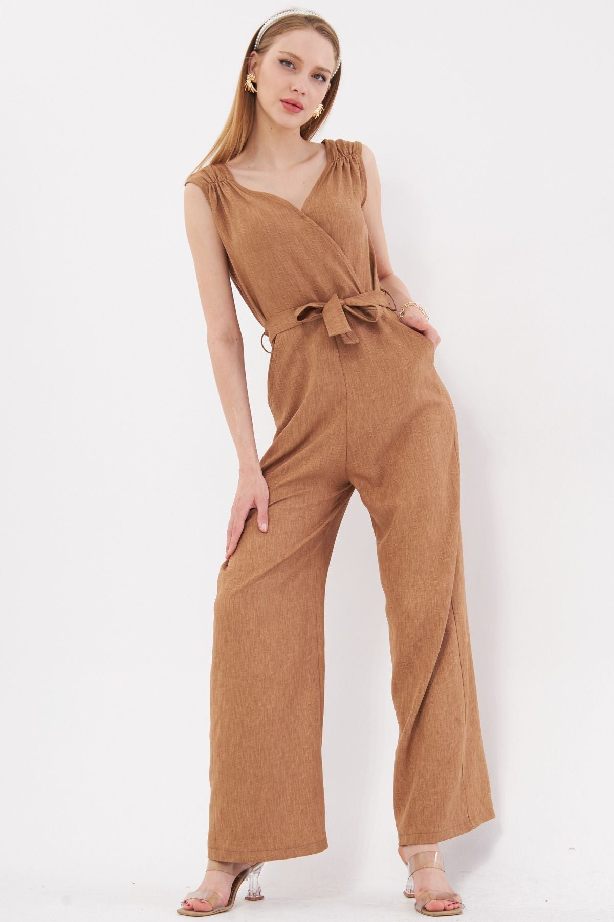 Female mink cruve collar shoulder tire detailed back V-belt long tulum ARM-24Y001049