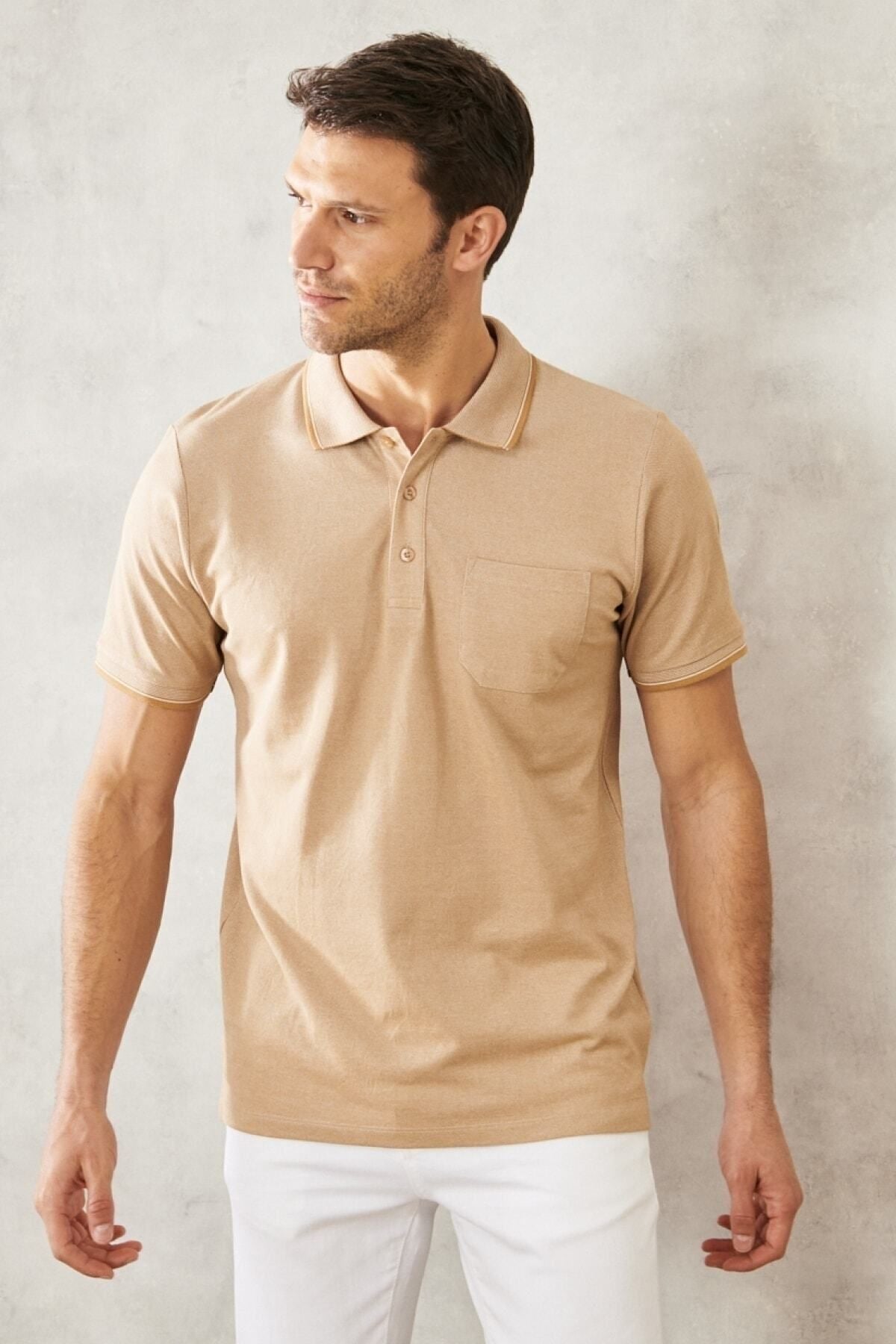 Men -drawn cotton fabric comfort fit comfortable cutting mink curved polo collar pocket t -shirt