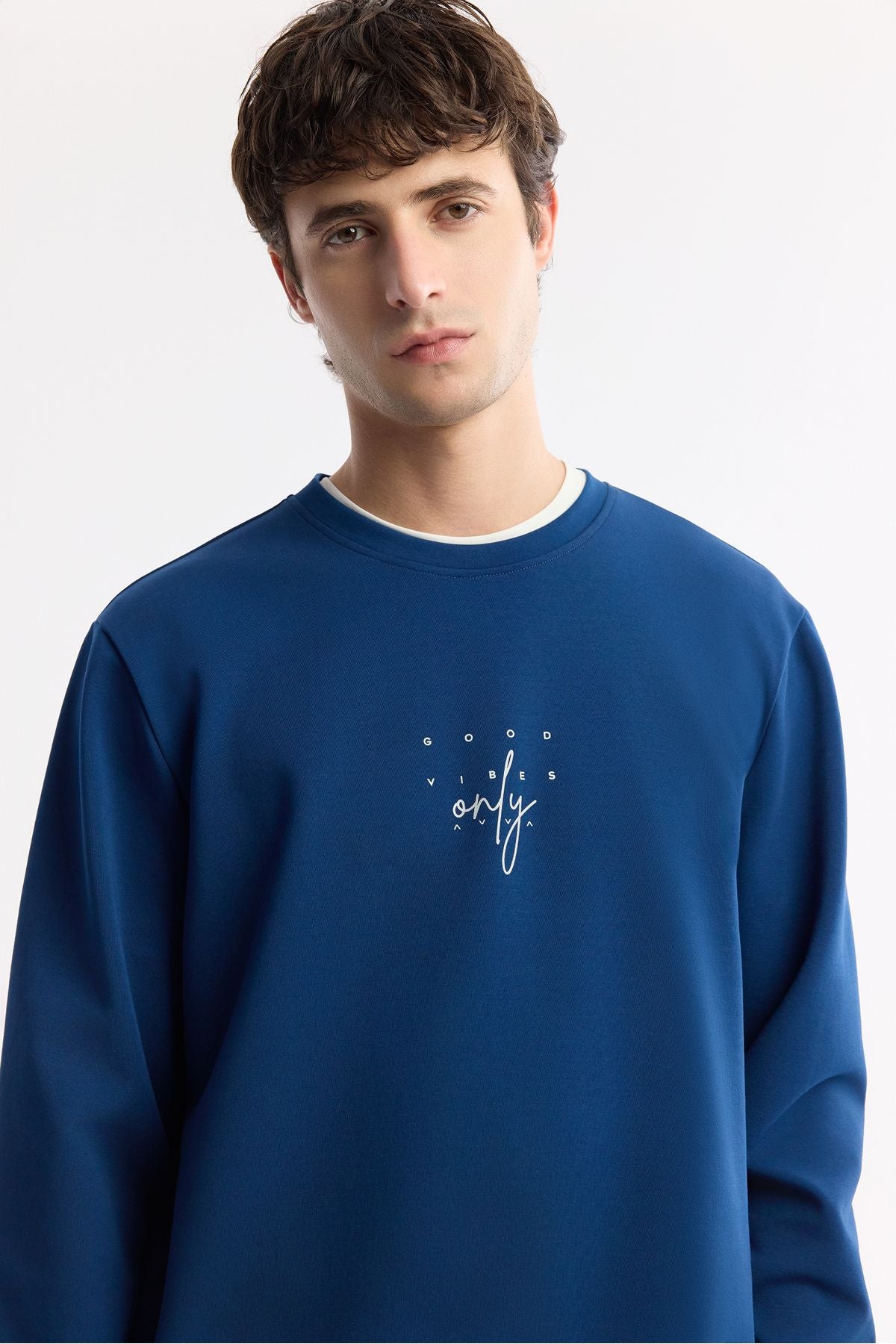 Men's navy blue bike collar printed interlok sweatshirt A51y1235