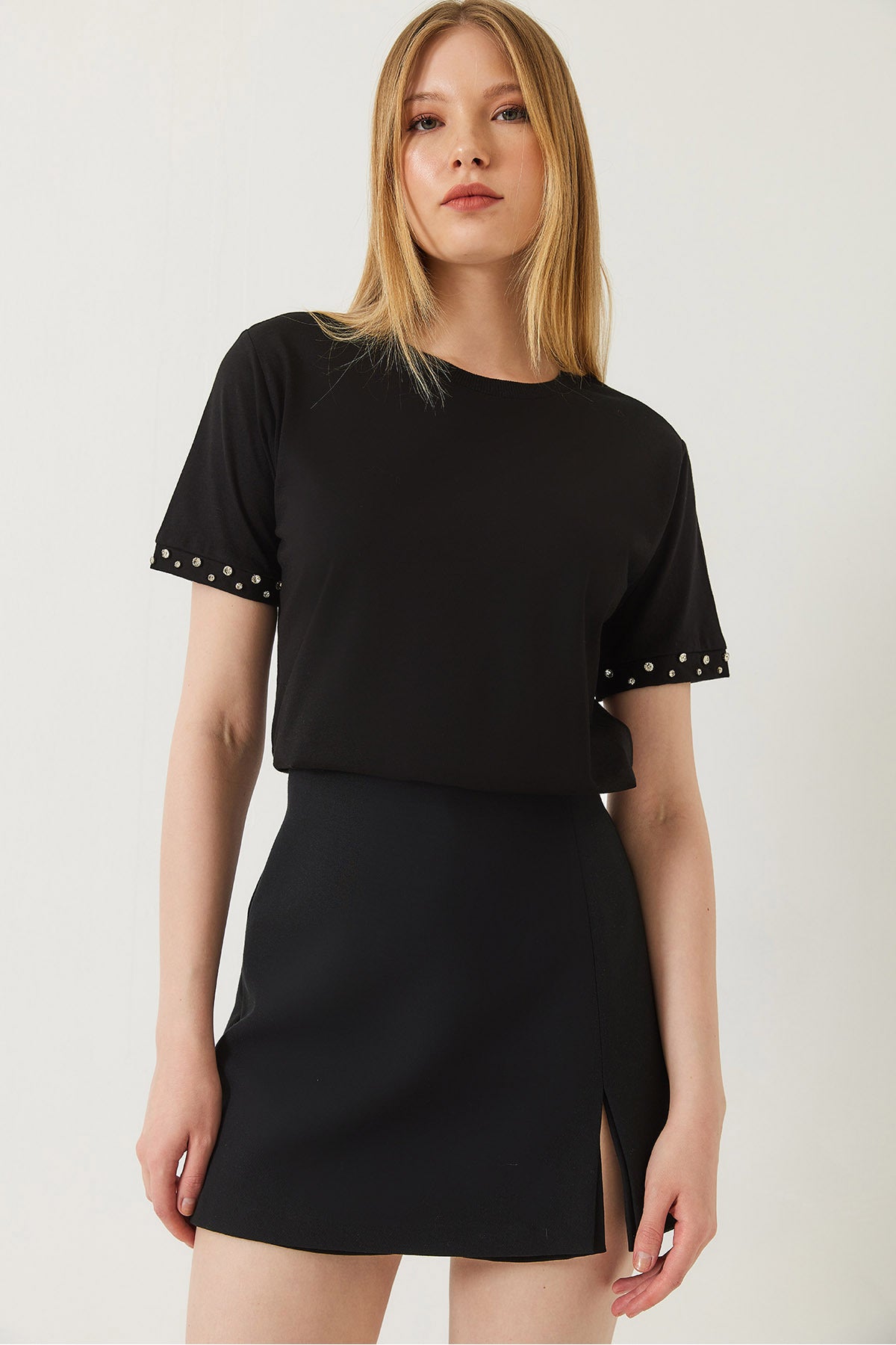 Women's T-shirt with Stone Embroidered Sleeves 60602002