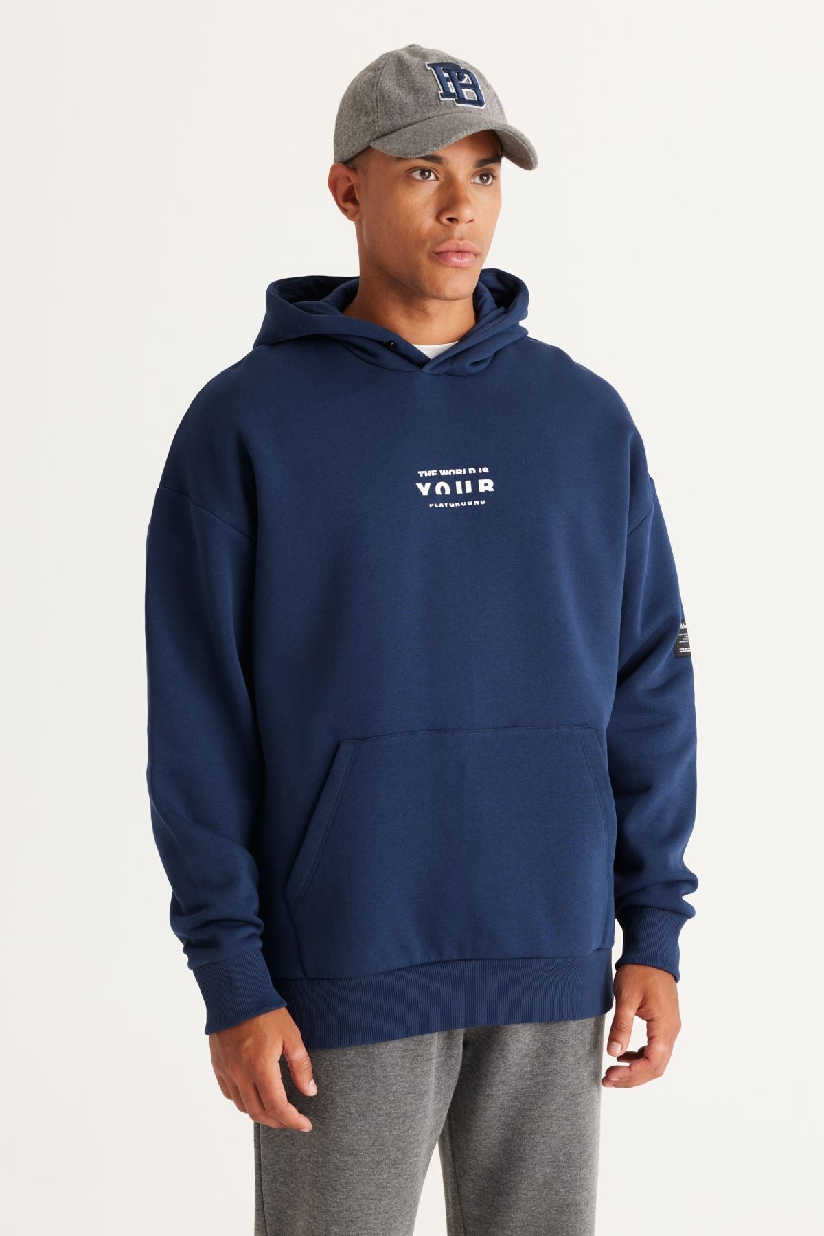 Men's Navy Blue Oversizle Fit Plenty Cut Hooded 3 -IP Cotton Sweatshirt