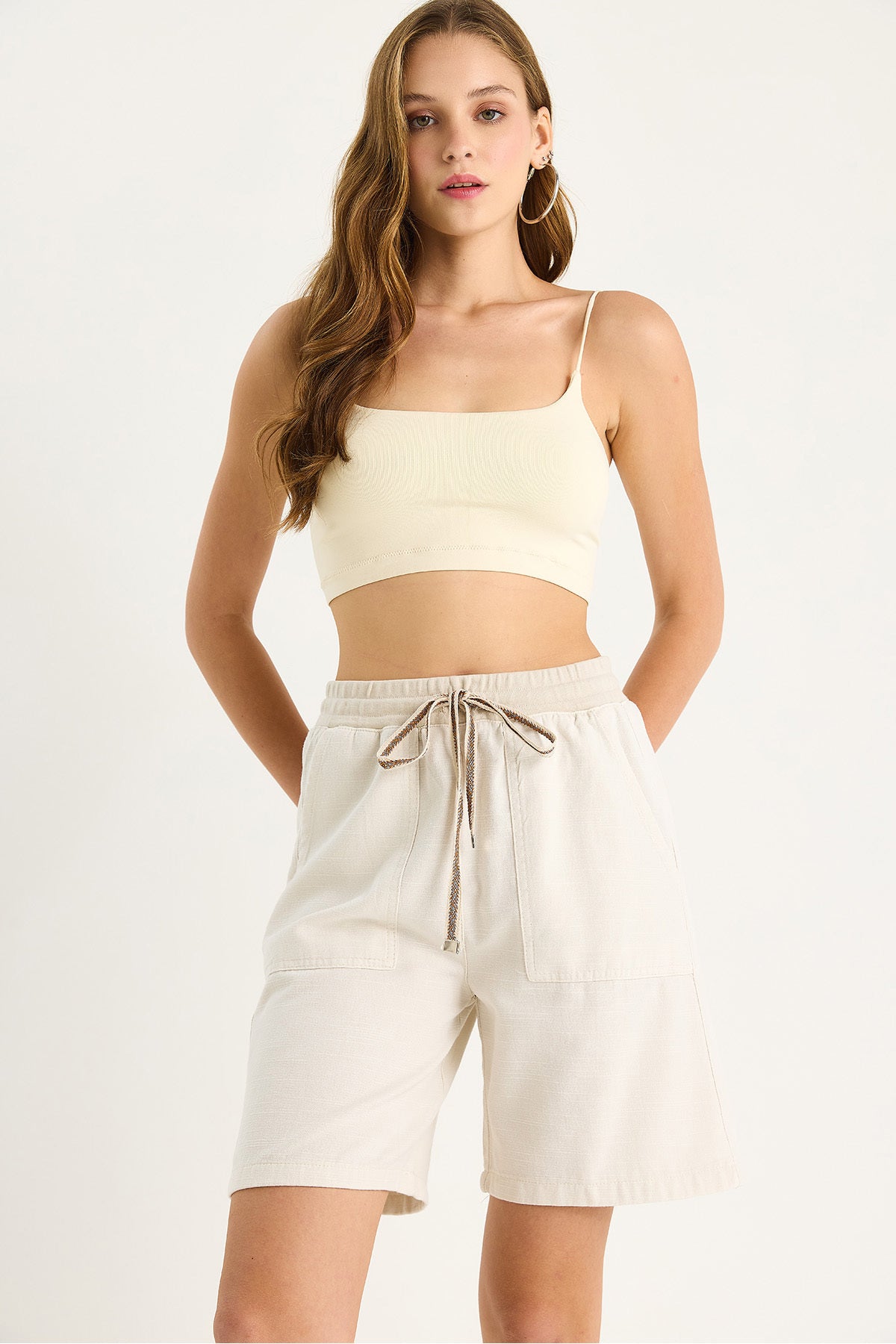 Women's Big Pocket Detailed Tied Linen Shorts YP5384 60283207