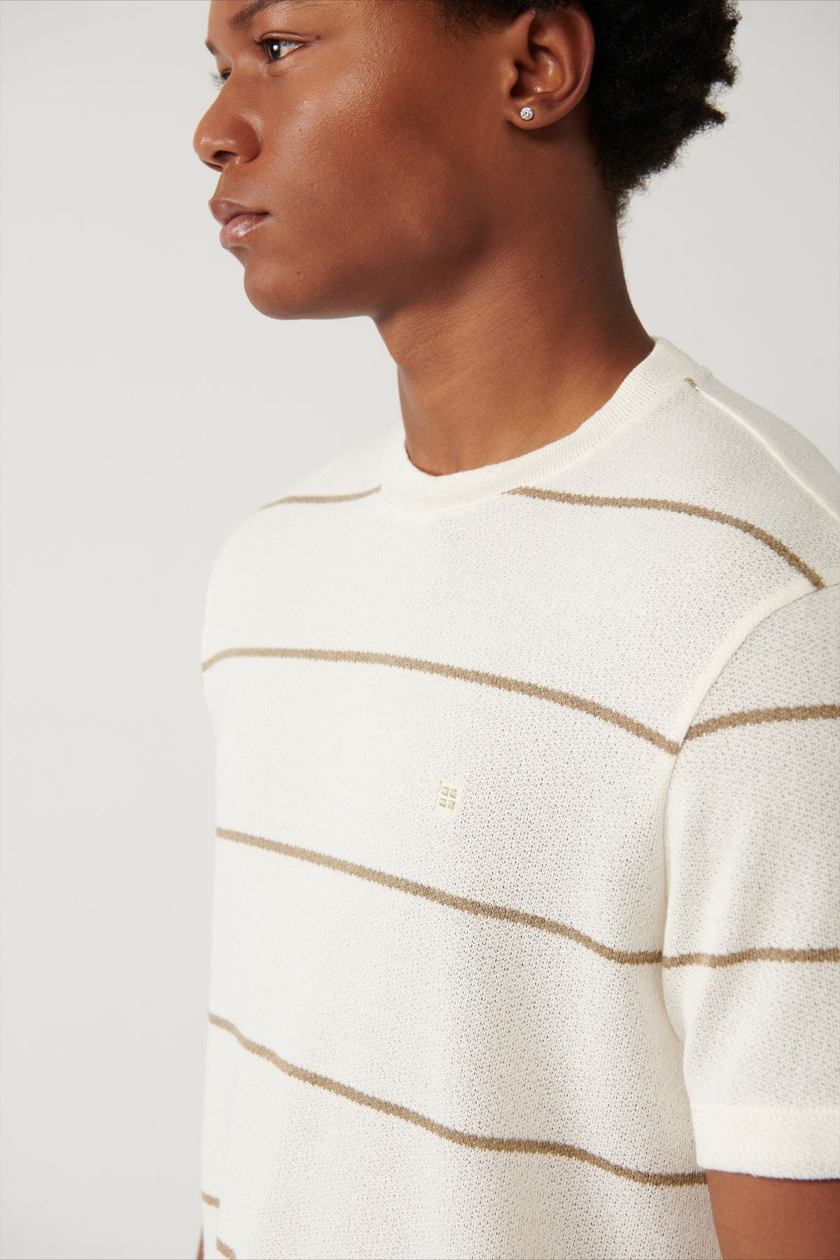 Men's Light Beige Bike collar striped T-shirt A41y1016
