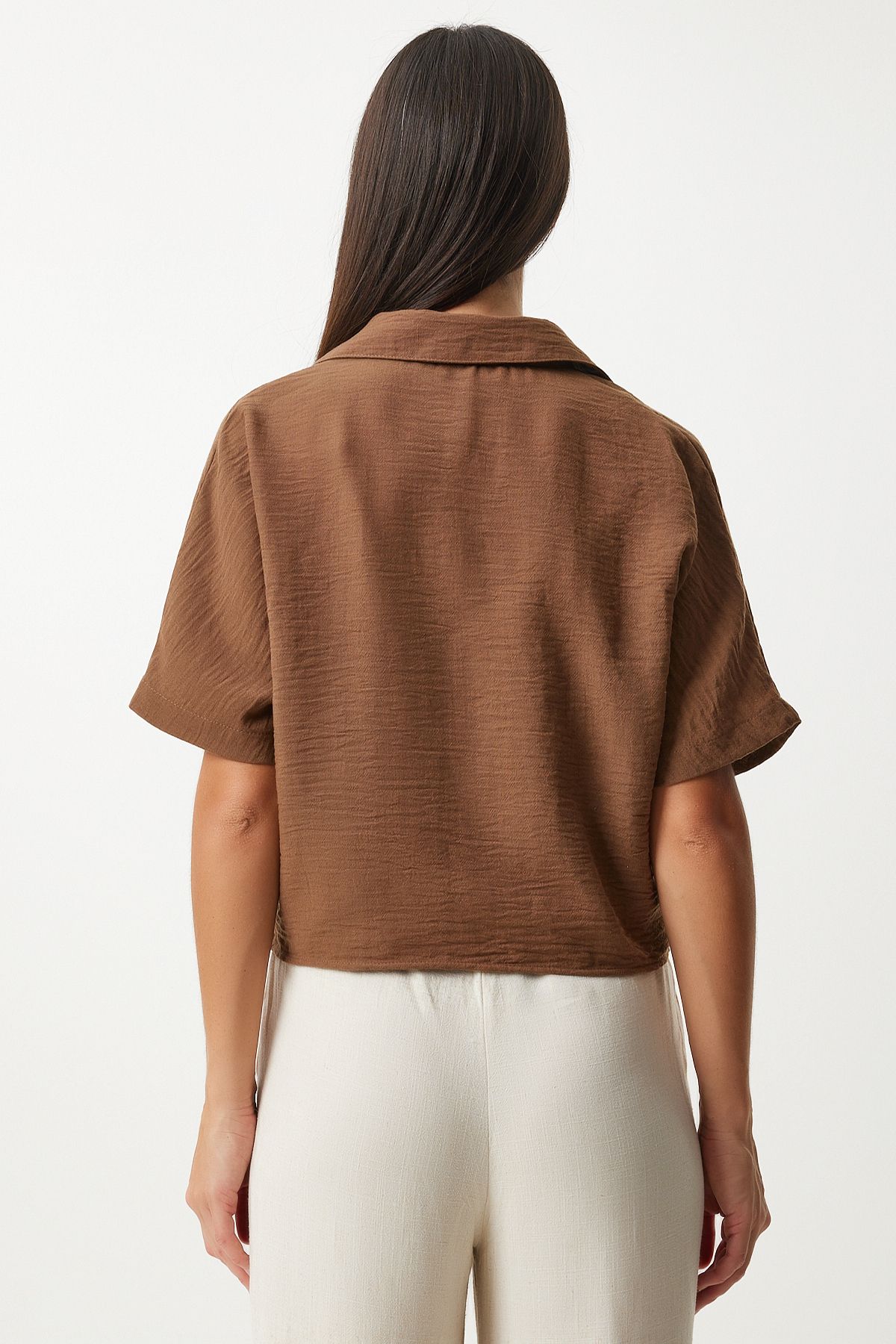 Female brown binding detailed linen blouse MX00151