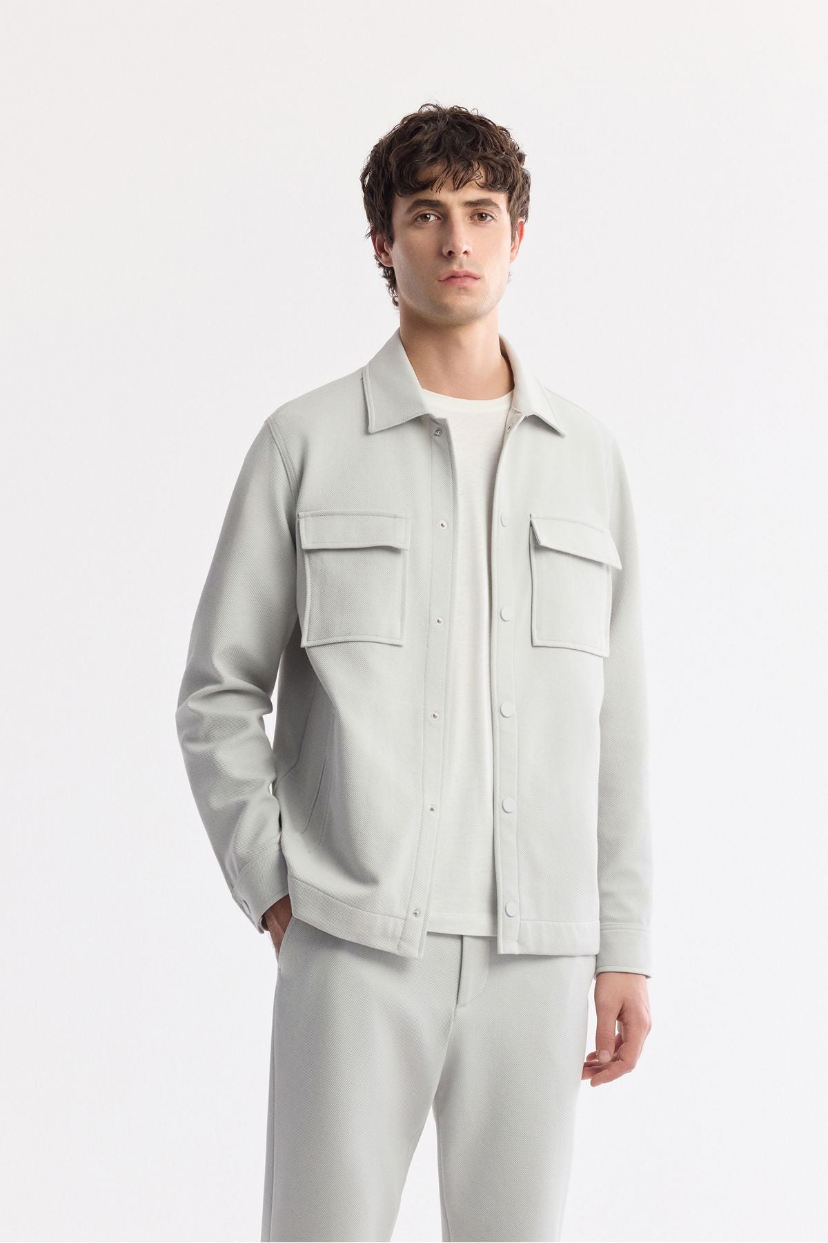 Men's light gray classic collar diagonel dual pocket lid knitted shirt jacket A51y2048