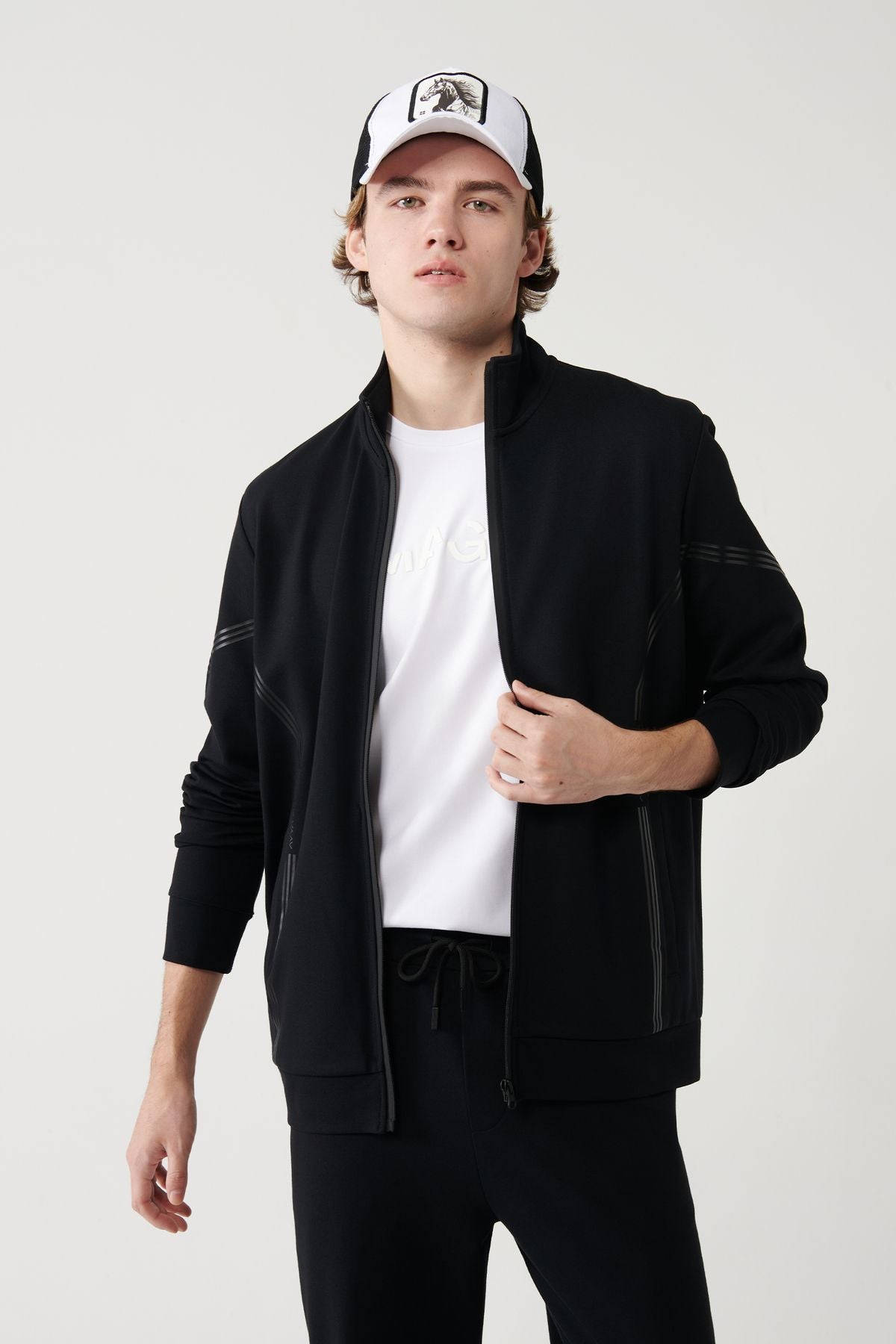 Men's black upright collar zipper printed sweatshirt A41y1230