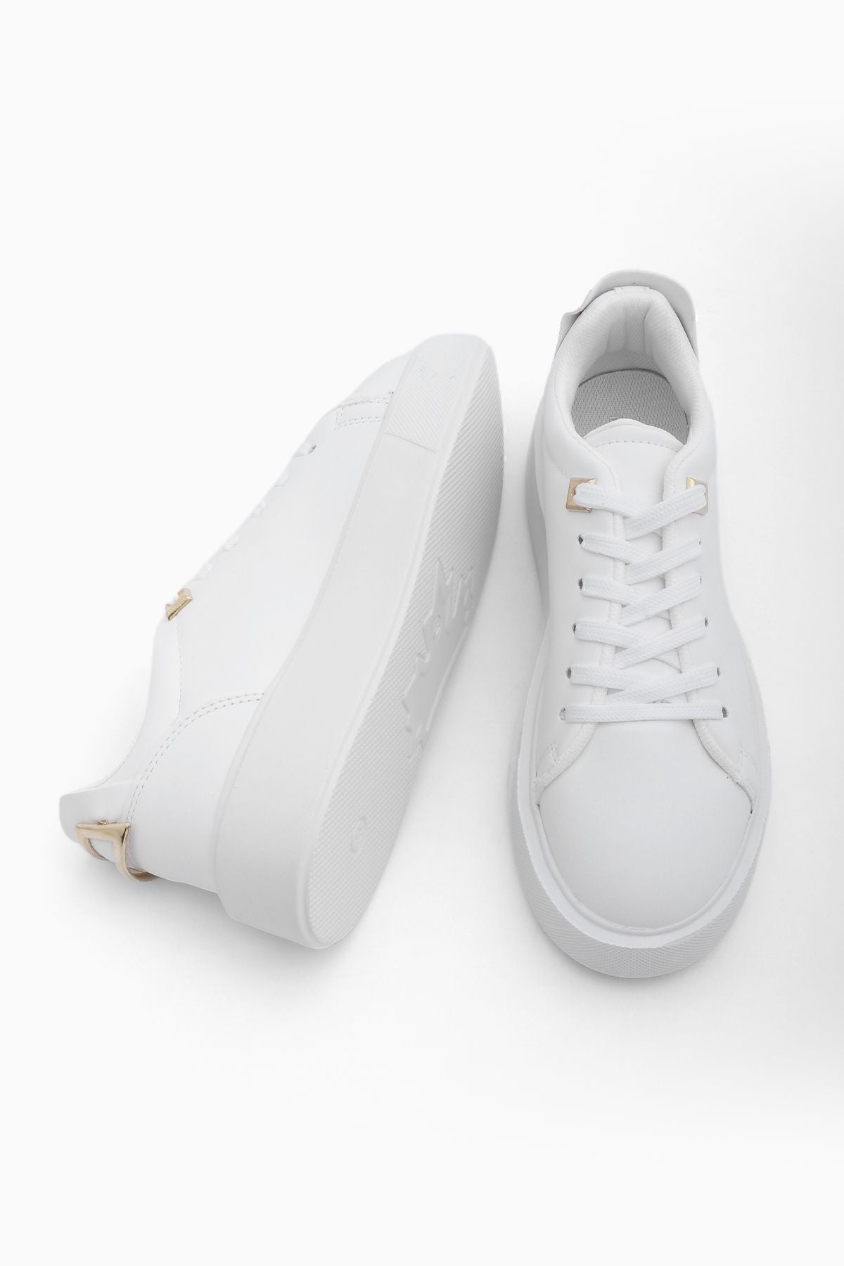 Women Sneaker thick base golden buckle detailed laces shoes Rofke White