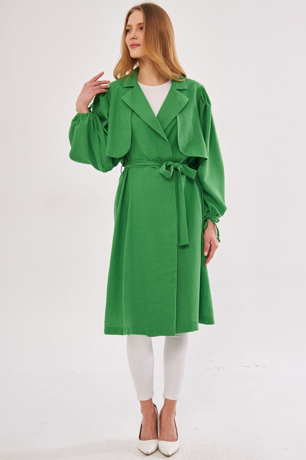 Female Green Ennea Trench coat arms Pleated Belled Arm Mouth Lace Lace Detail Arm-24Y001030