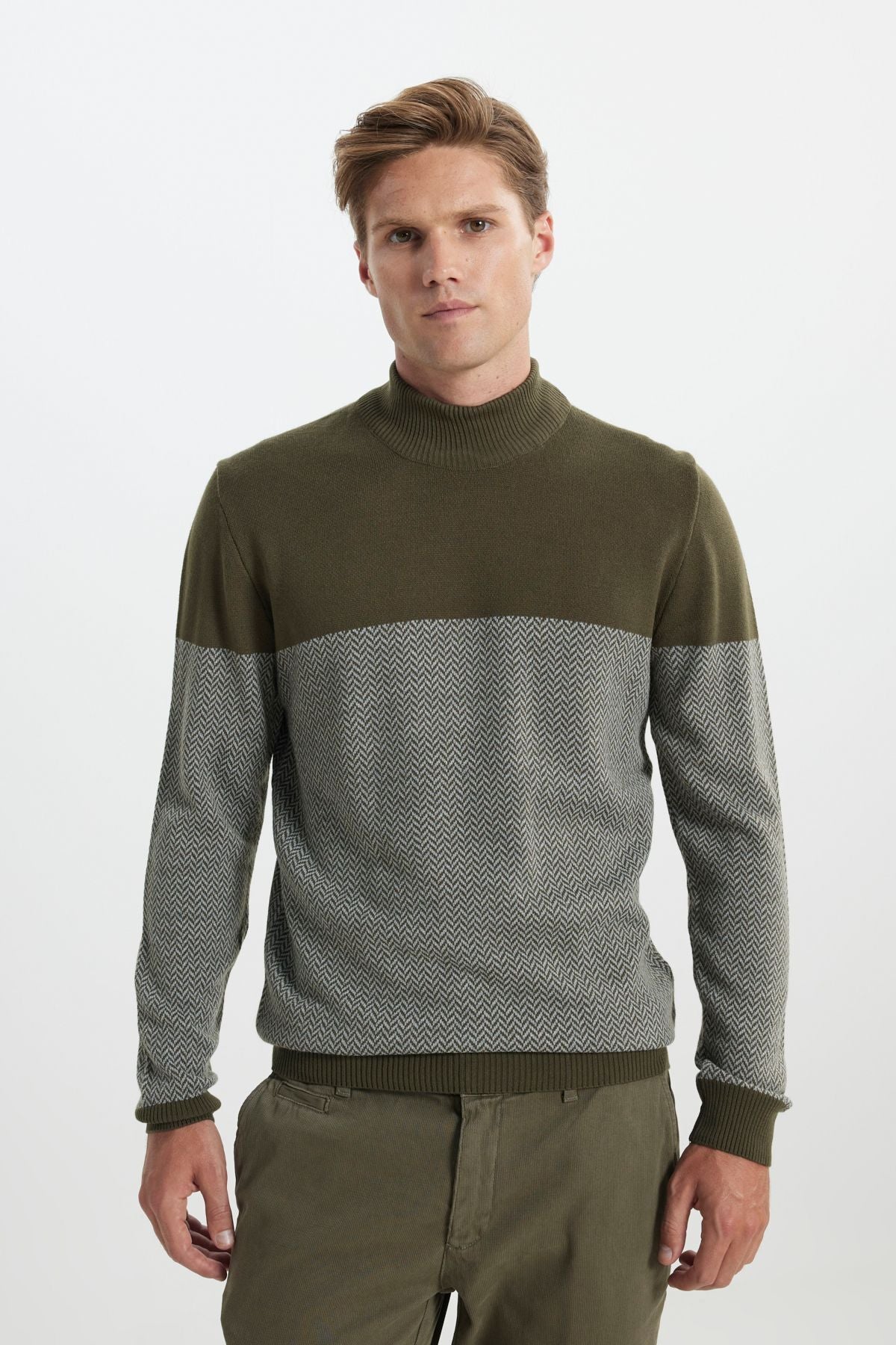 Men's Khaki-Gri Standard Fit Normal Cut Half Fisherman Neck Patterned Knitwear Kazakh