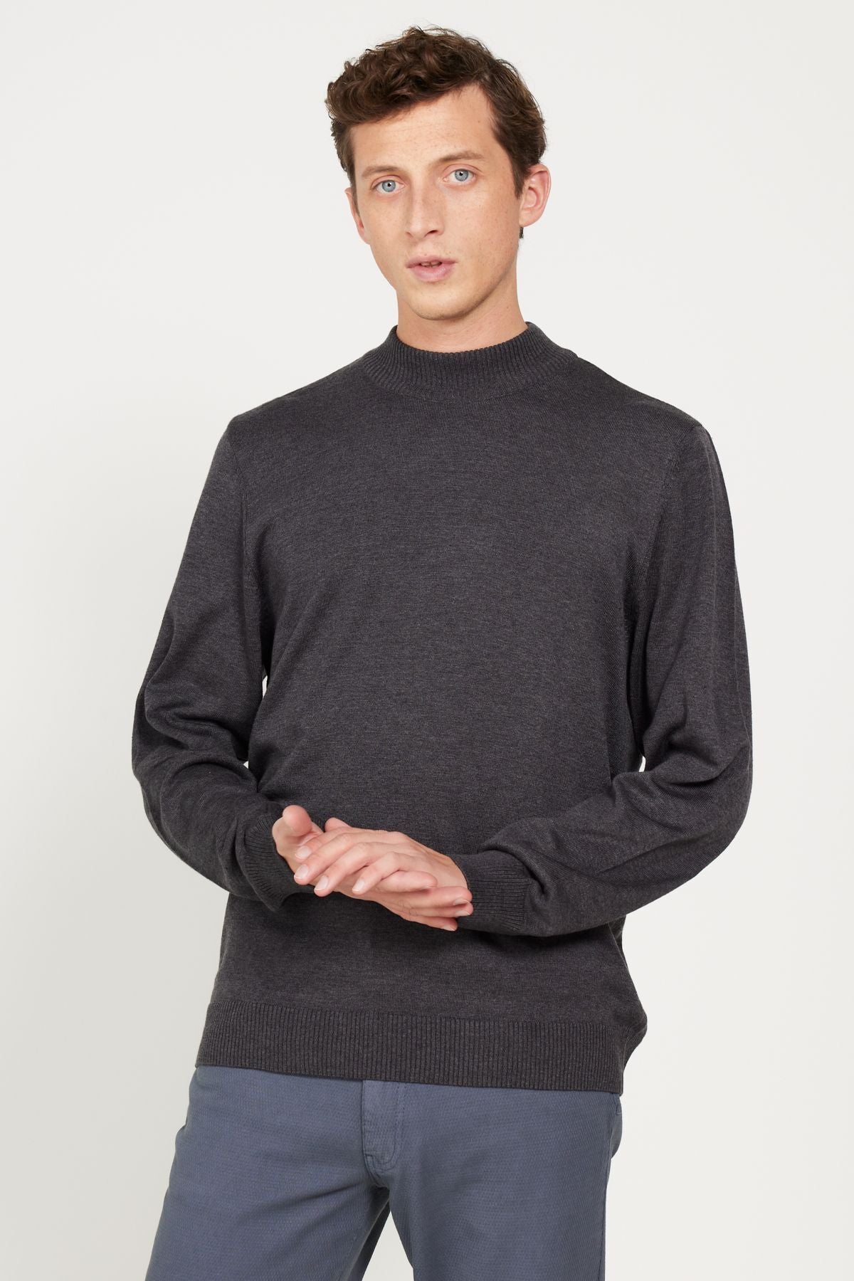 Men's anthracite melange standard fit normal cut half fisherman collar cotton knitwear sweater