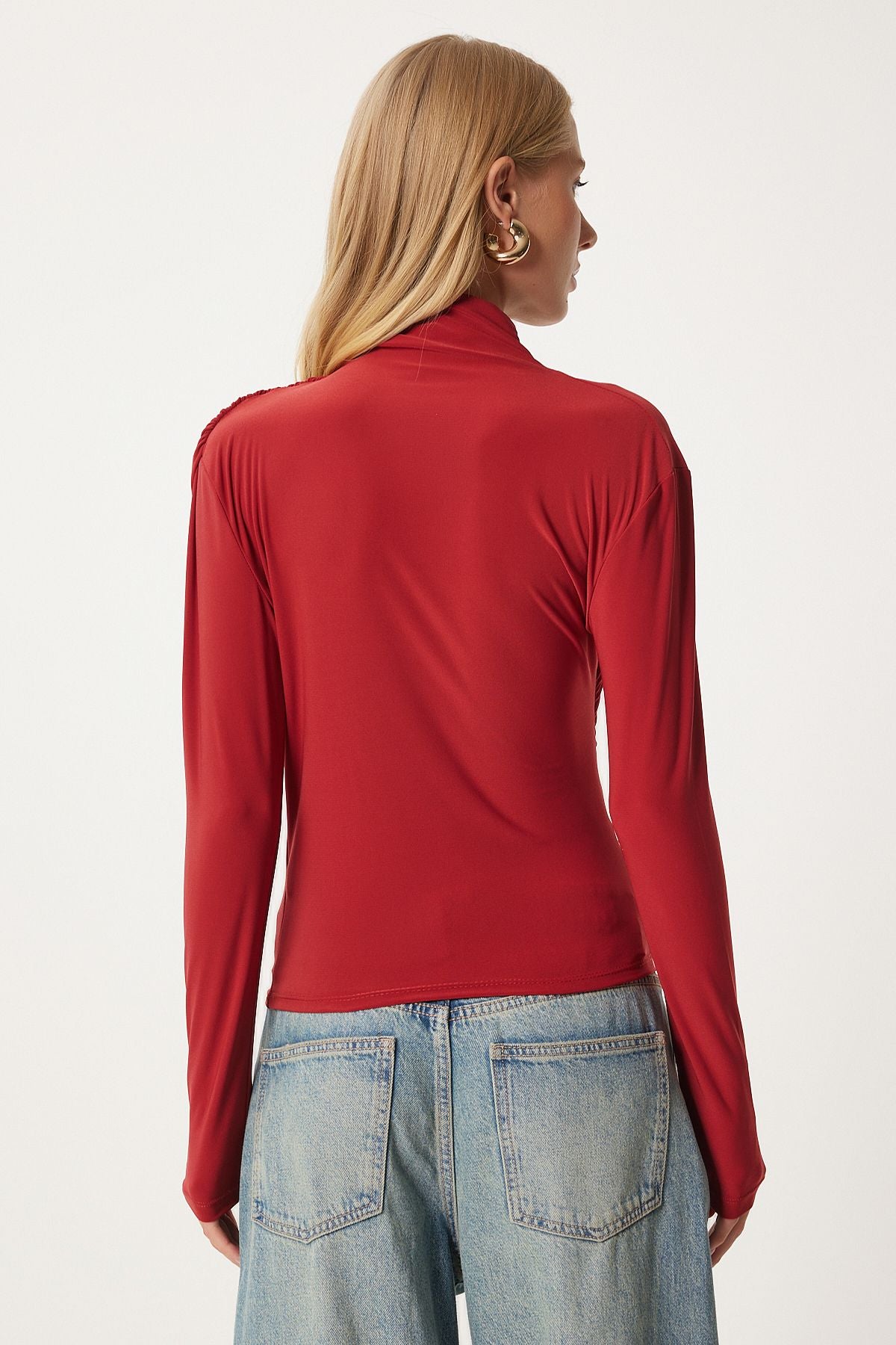 Female tile shirring detailed upright collar sandy blouse FF00135