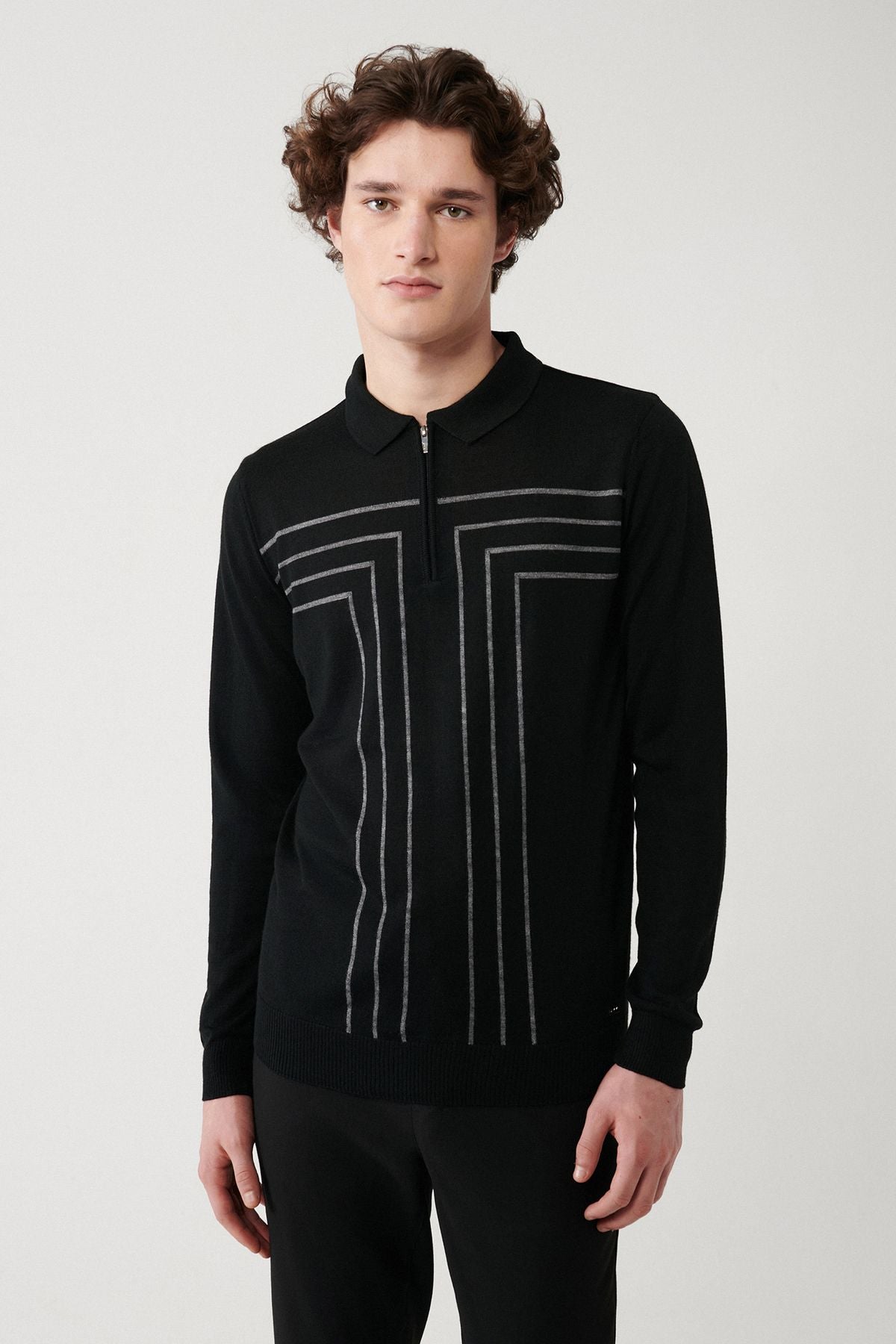 Men's black zipper wool mixture striped knitwear sweater A32Y5094