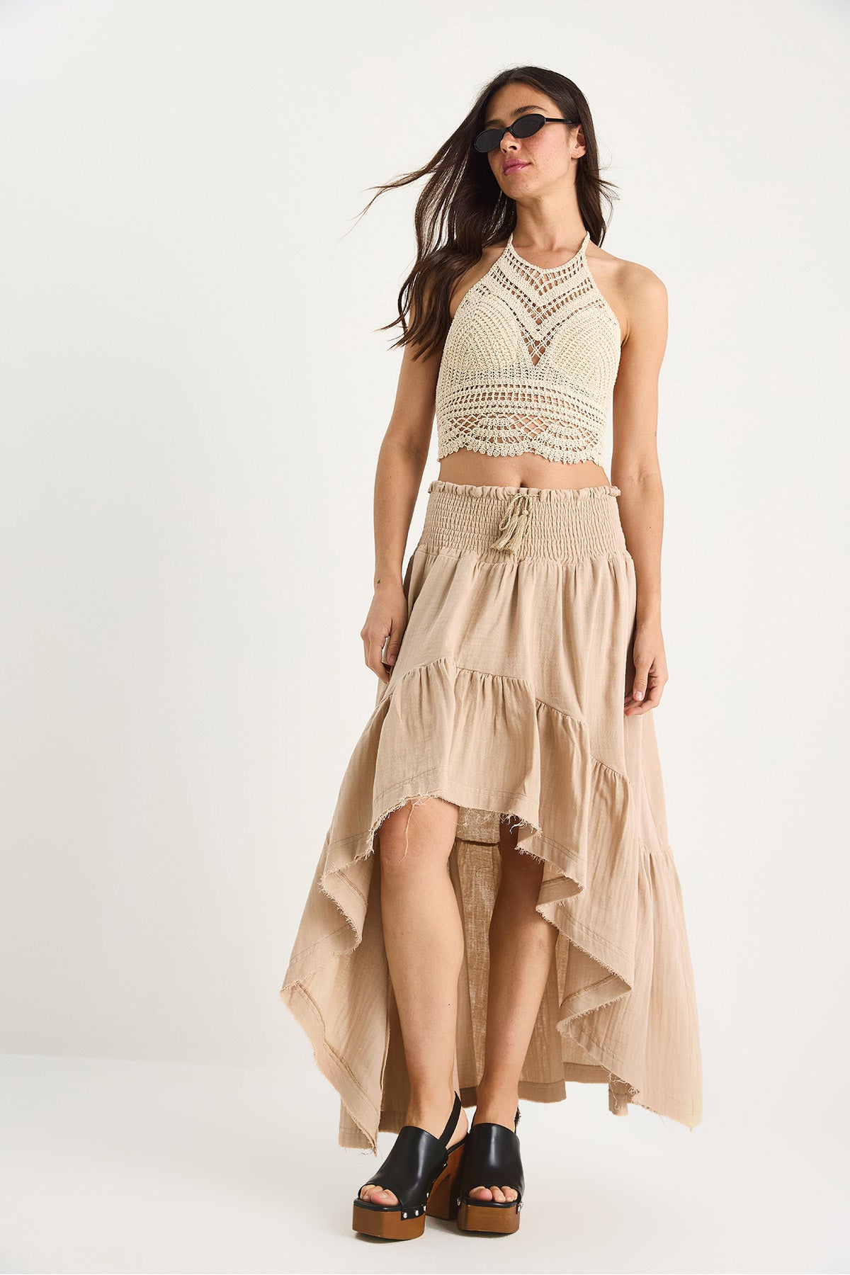 Women's Short Front Long Back Waist Gimped Lined Flounce Muslin Skirt 25S1-3001 60283411