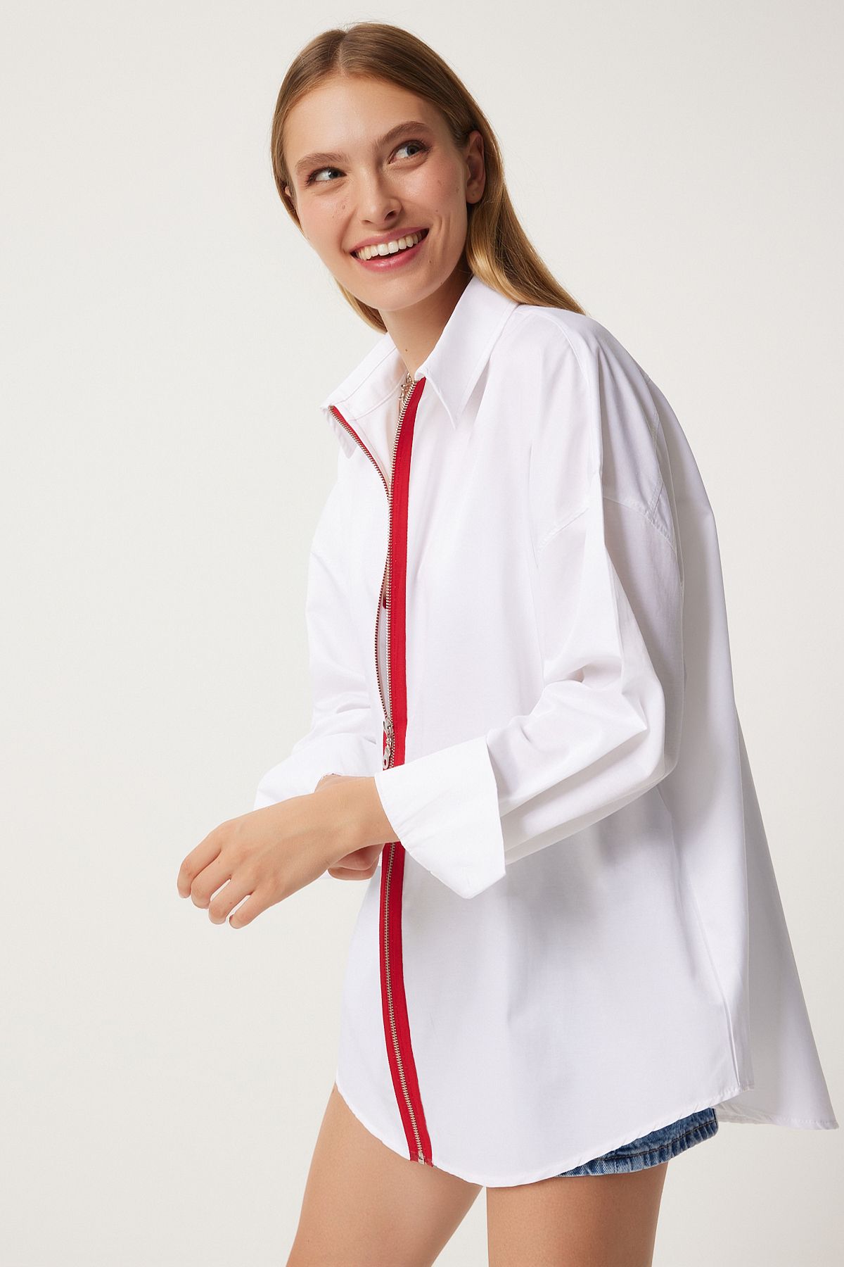 Woman White Red Contrast Ribbon Zippered Flot Flot FN03263