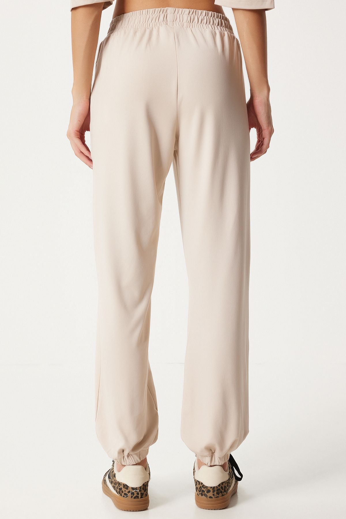 Women's Cream Crop T-Shirt Jogger Lower Knitting Tracksuit Set FN03316