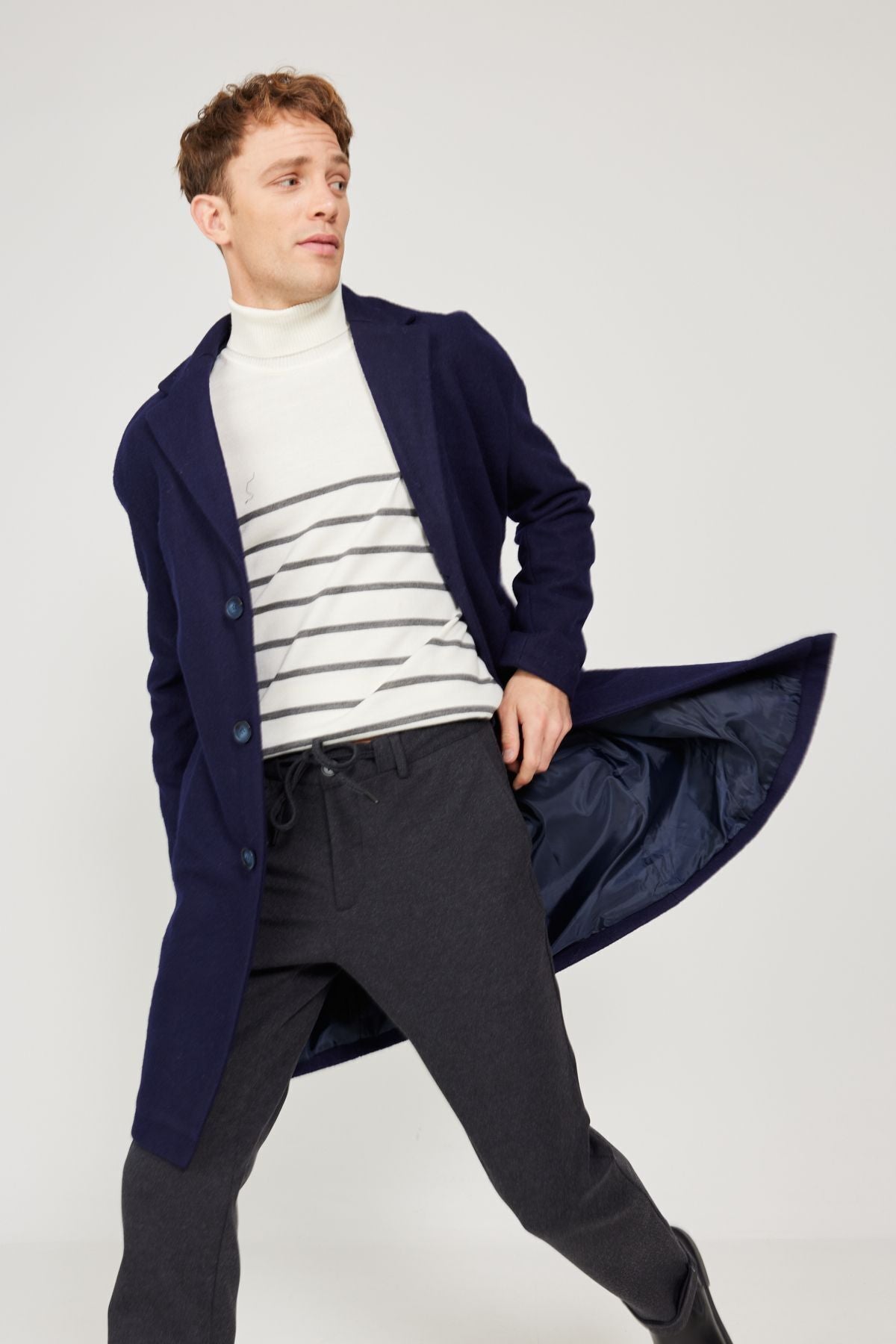Men's navy blue overwheeling mono collar woolen stamp coat