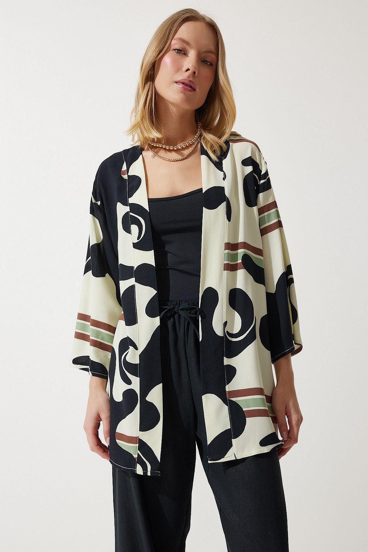 Female Black Bone Patterned Viscose Kimono EN00615