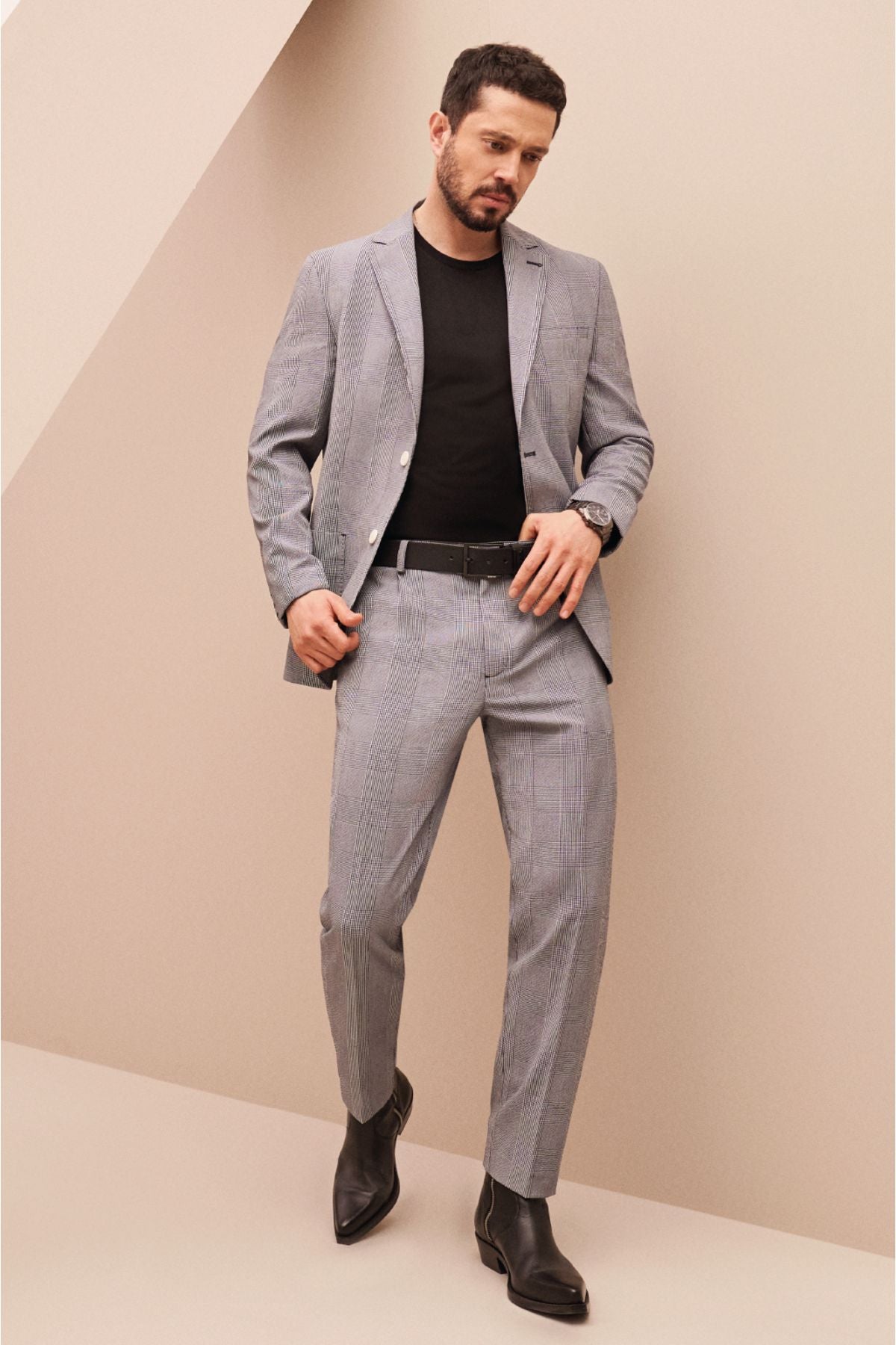Men's Navy Blue Plaid Waiting Double Slit Jacket A31y4015