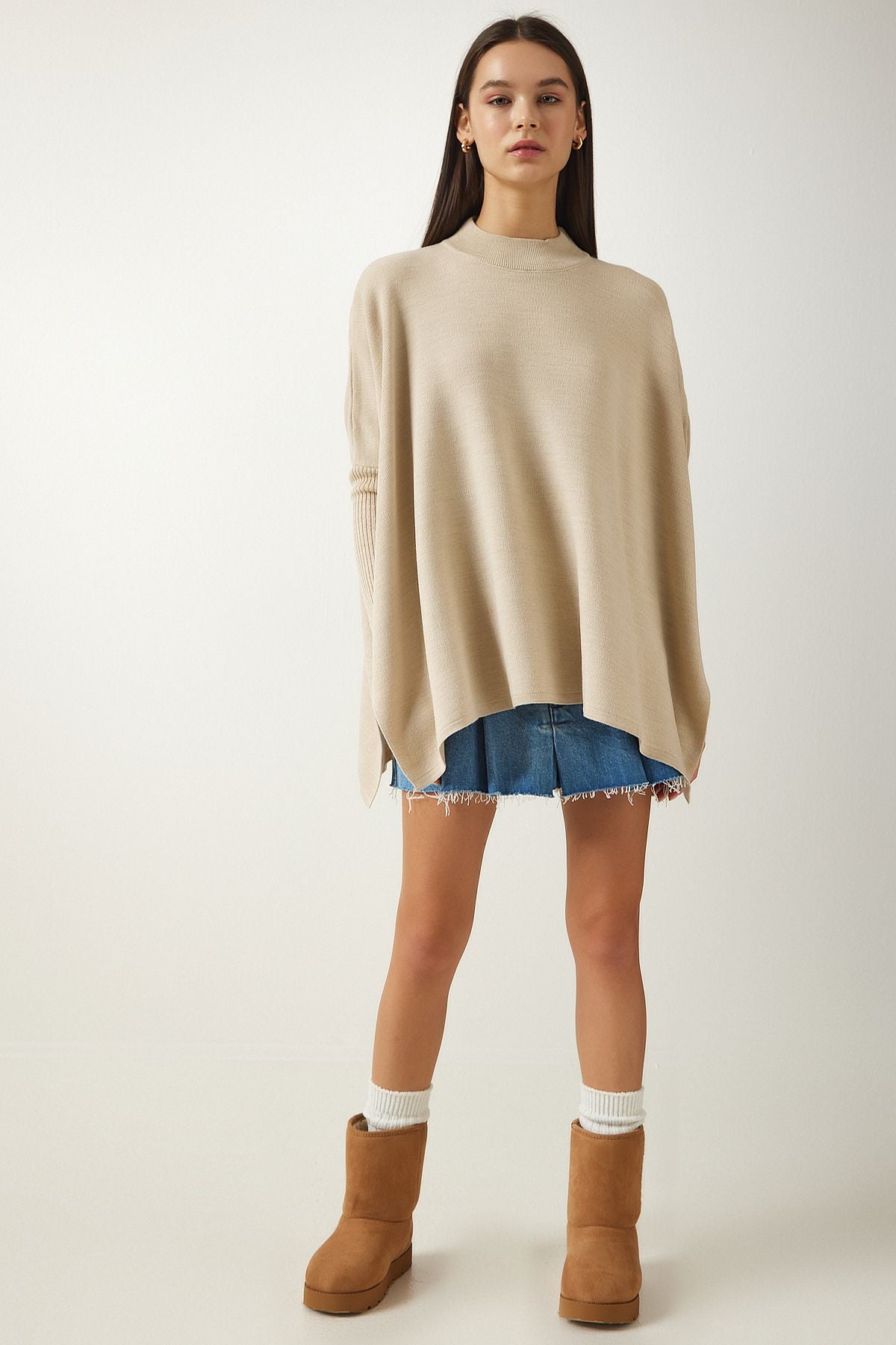 Woman beige upright collar slit knitwear poncho sweater za00074