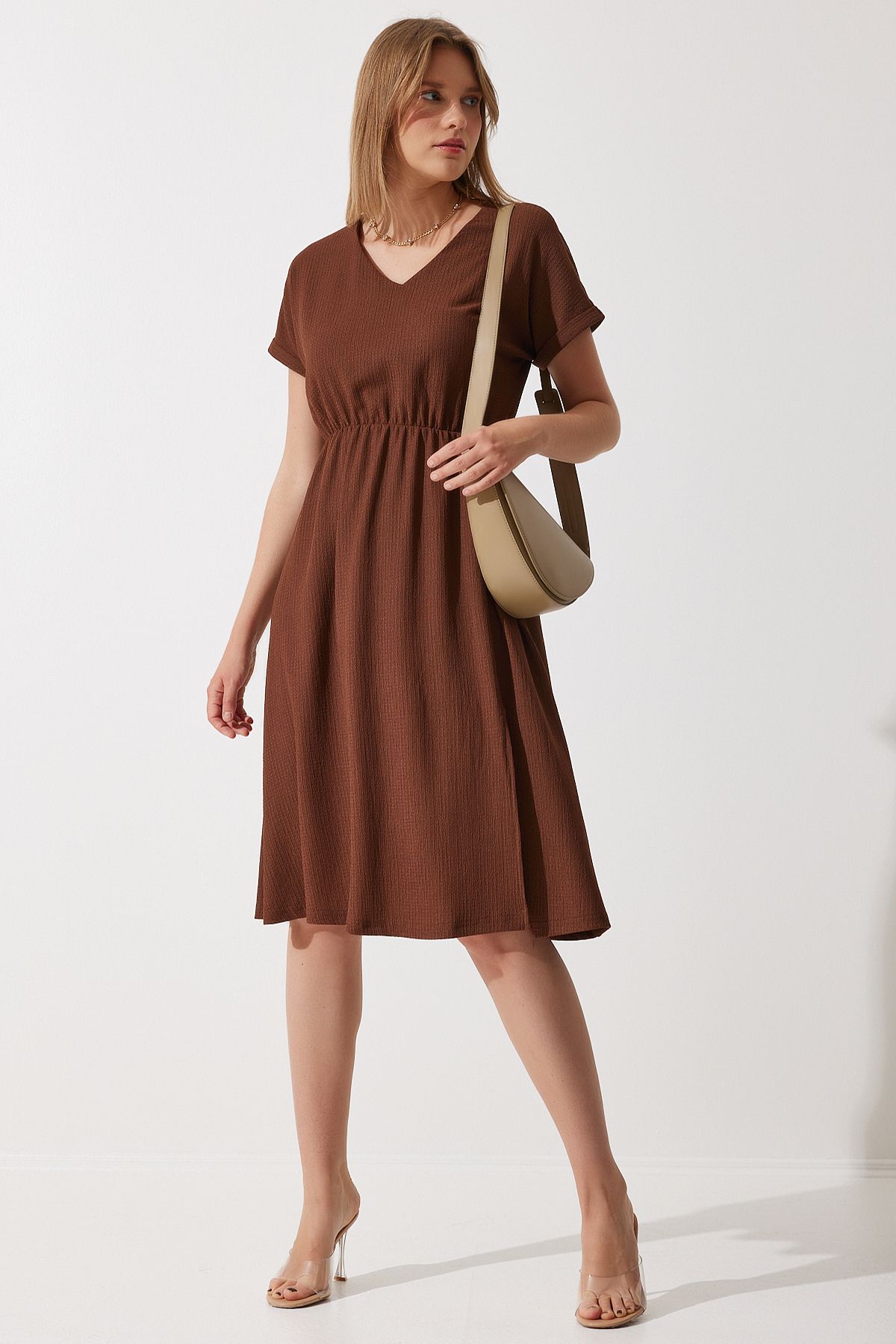 Woman Brown V -Neck Slip Summer Daily Knitting Dress DD01319