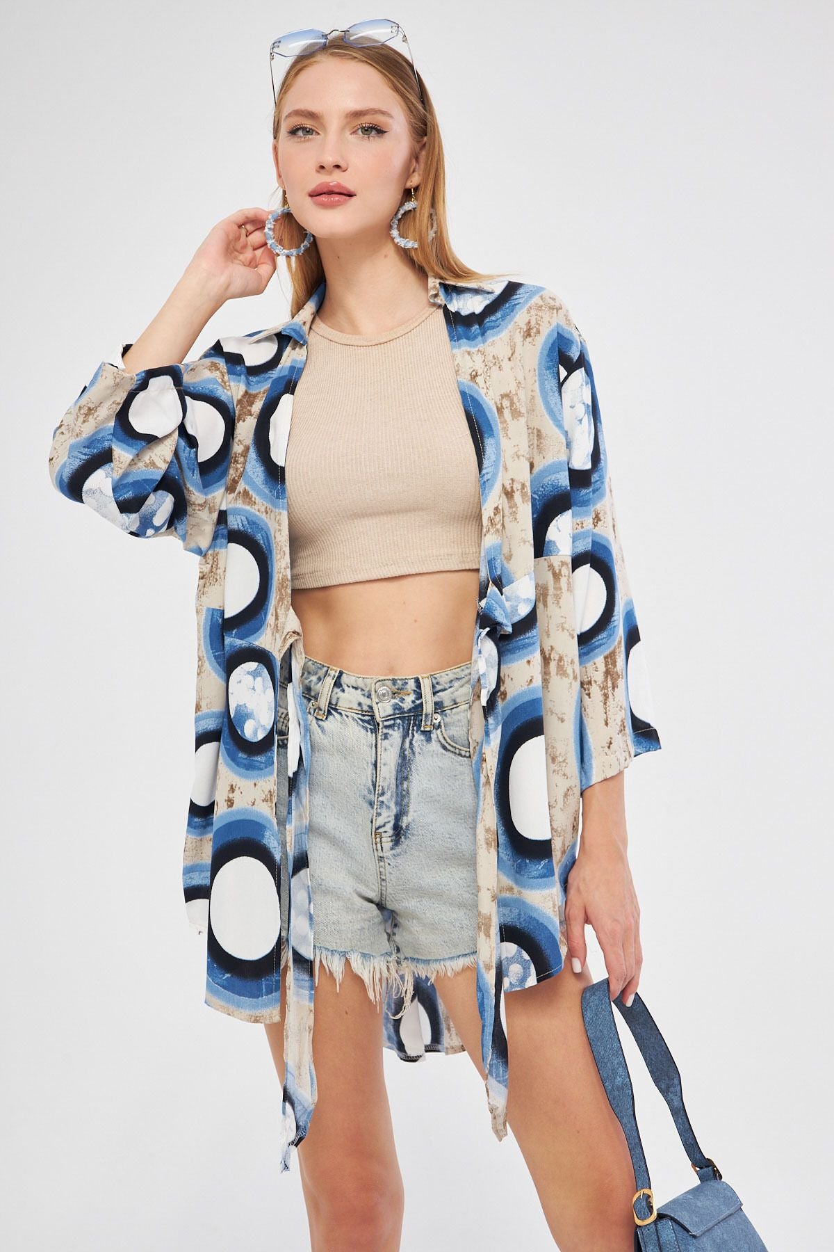 Female Stone Patterned front-binding kimono shirt ARM-24Y001080