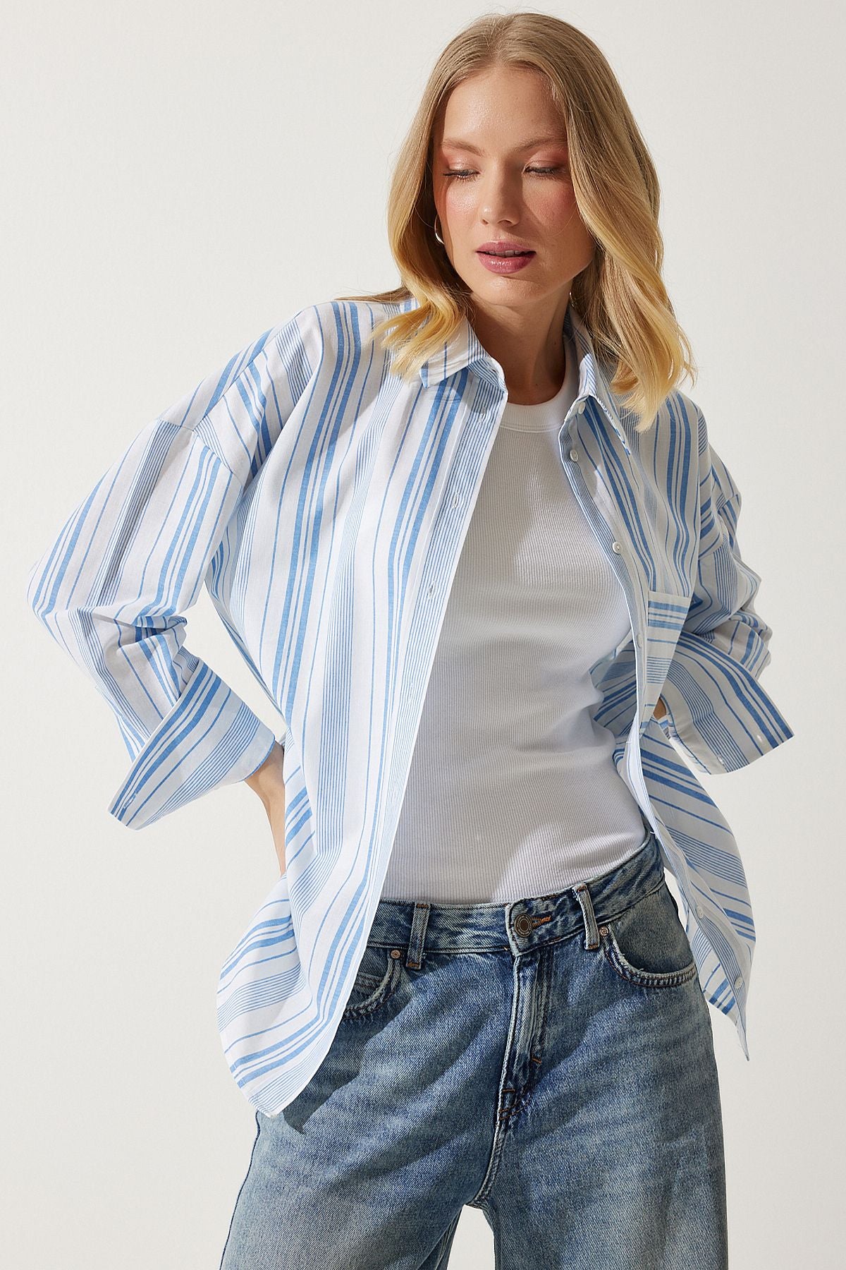 Woman White Blue Striped Cotton Oversize Shirt HK00034