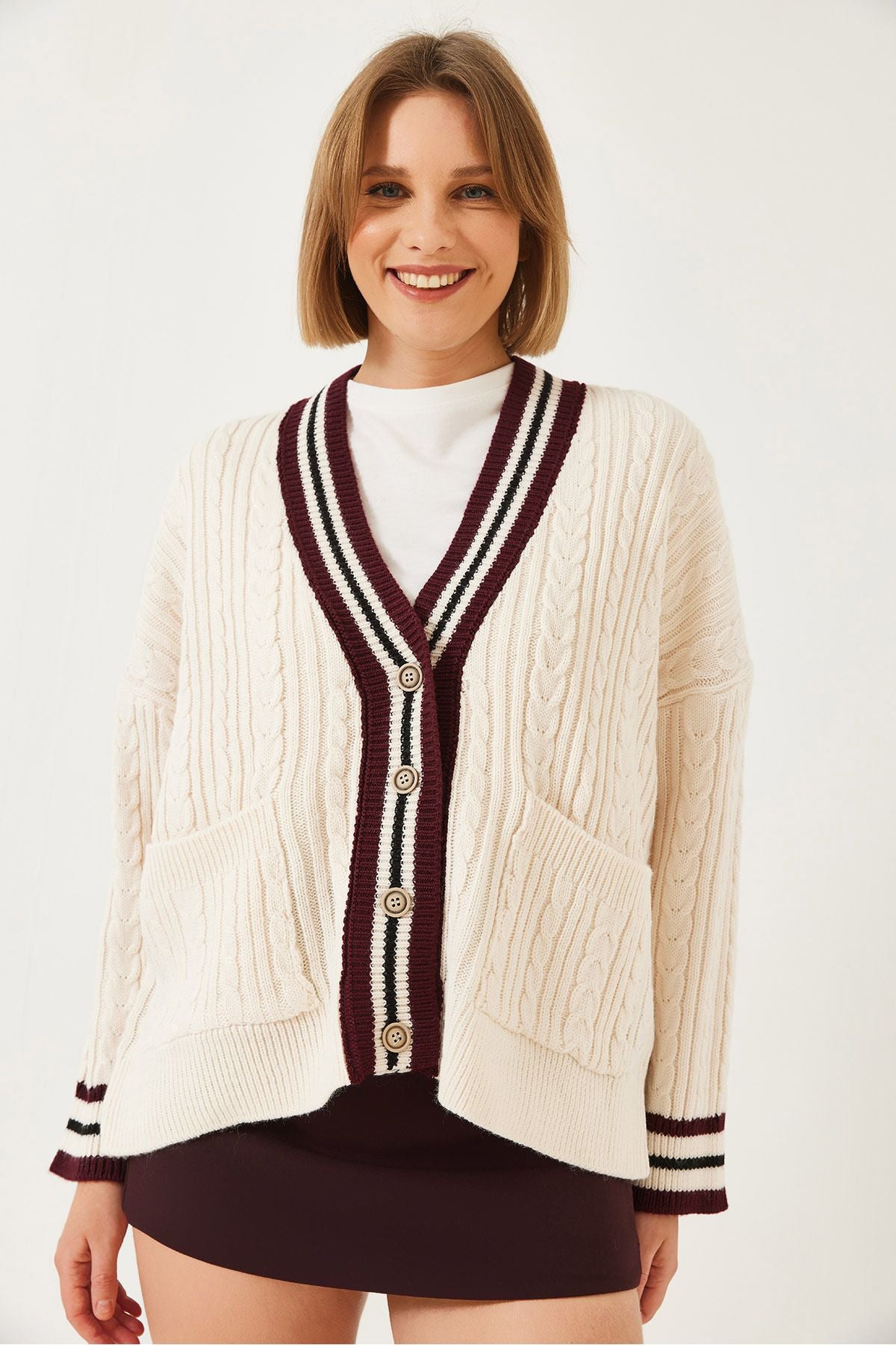 Female colored collar pocket knitwear cardigan 241130 60261324