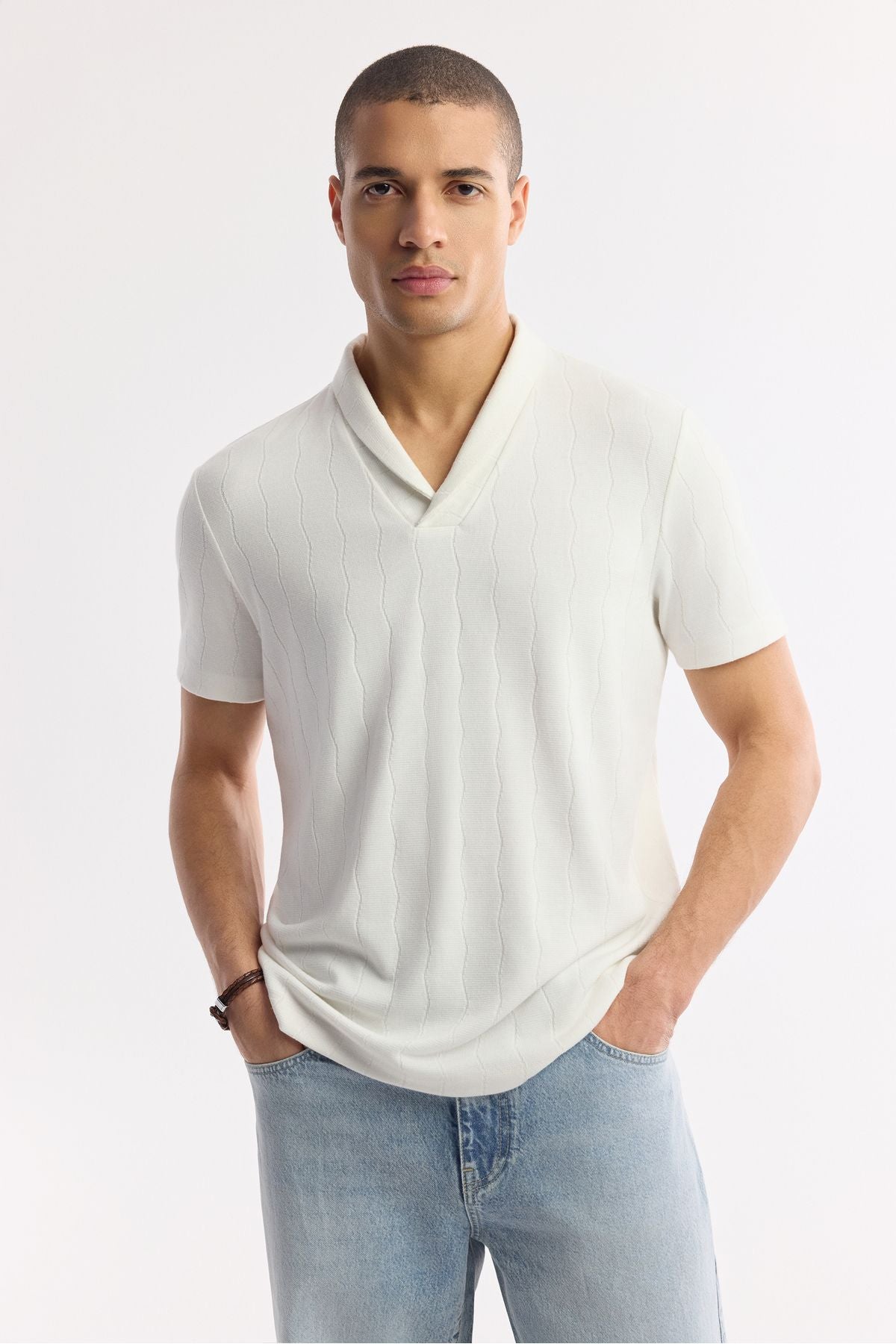 Men's Ecru Shawl Yaka striped jacquard t-shirt A51y1071