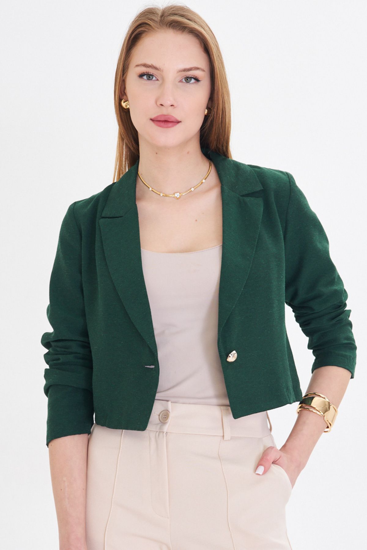 Female emerald single button crop jacket ARM-23Y001064