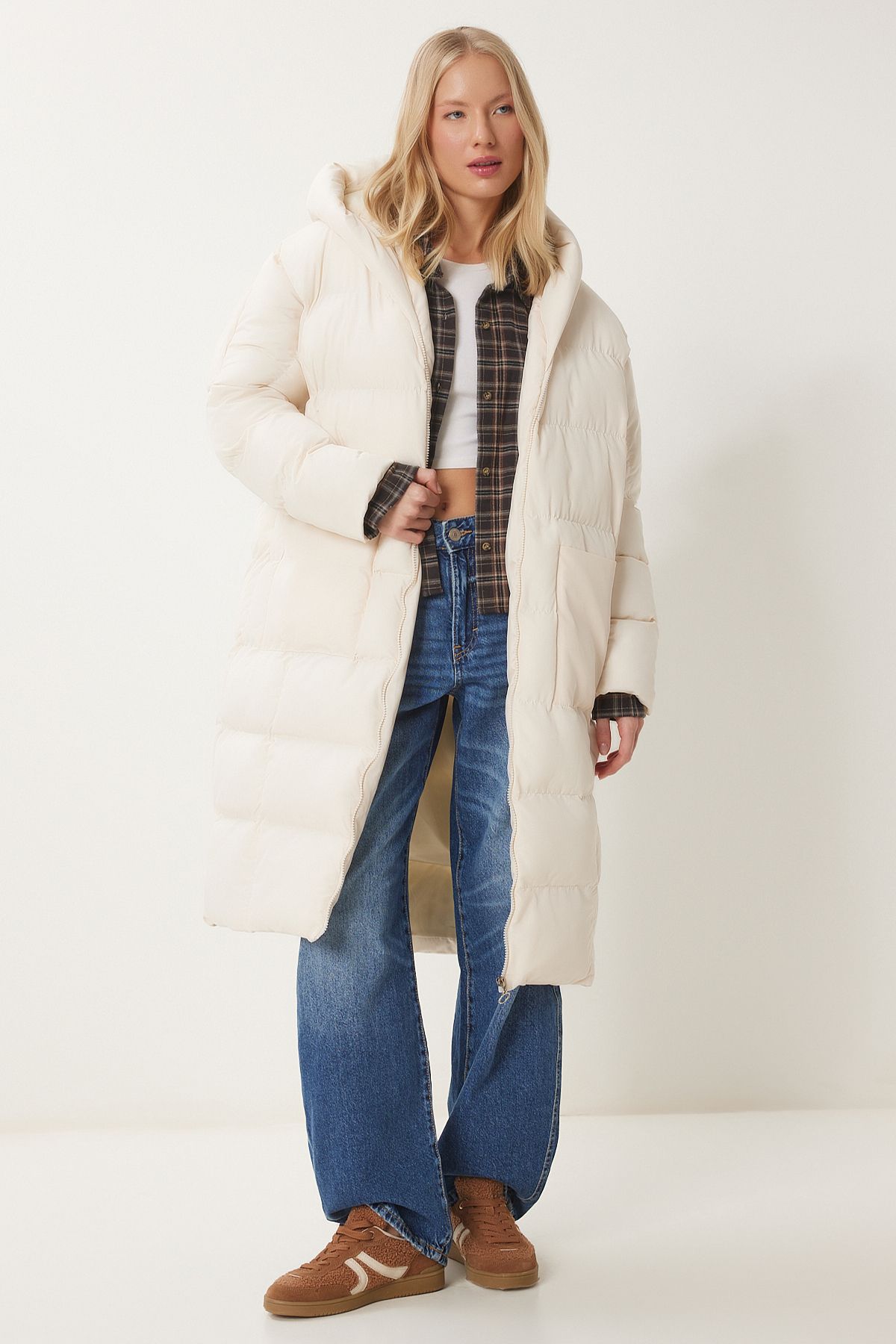 Women's bone hooded oversize long swelling coat NT00428