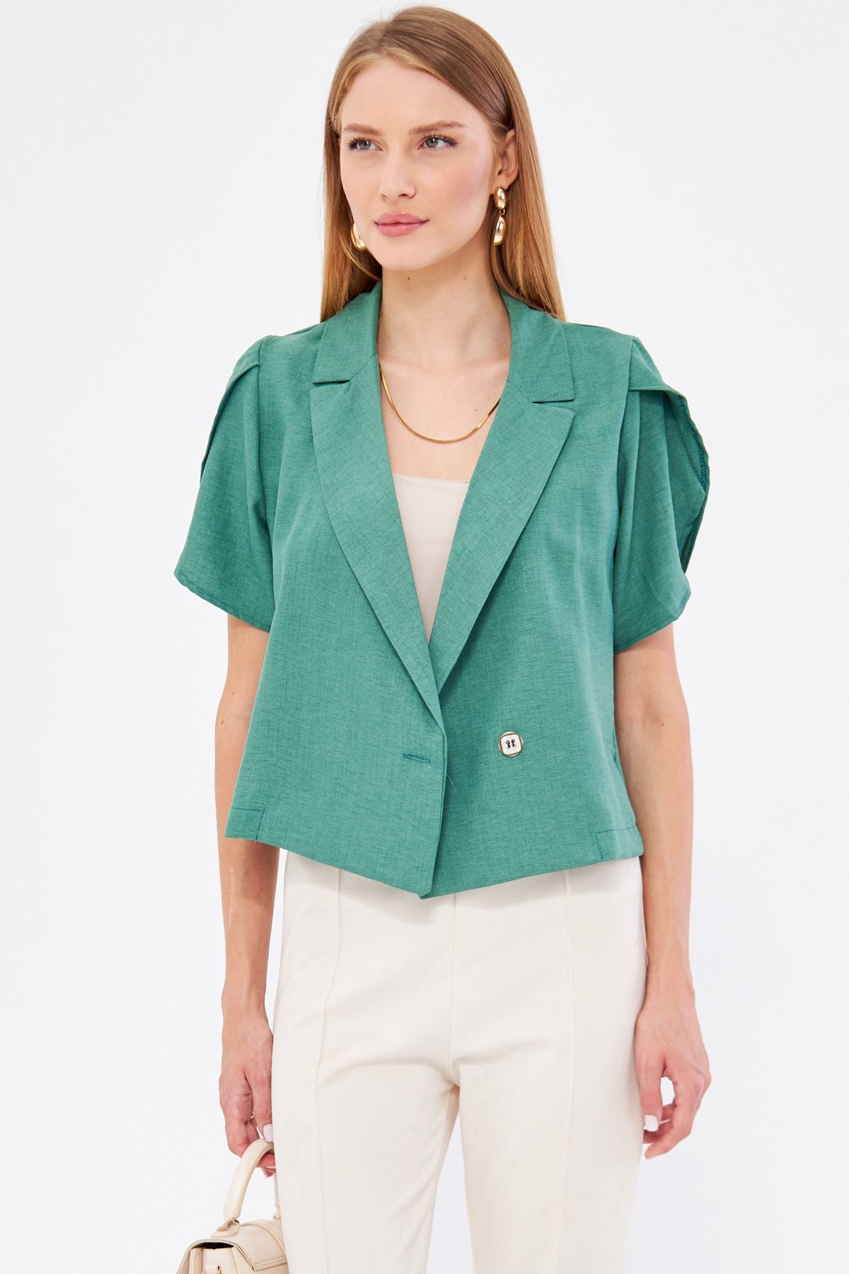 WOMEN DARK GREEN ARM SUSTMAC DETAILED CROP SHORT SOLD JACKET ARM-24Y001048