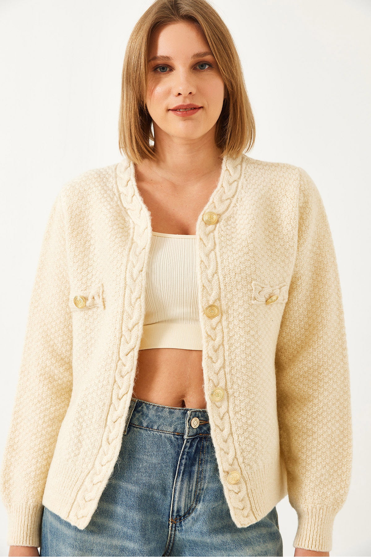 Women's Braided Buttoned Knitwear Cardigan 60031036