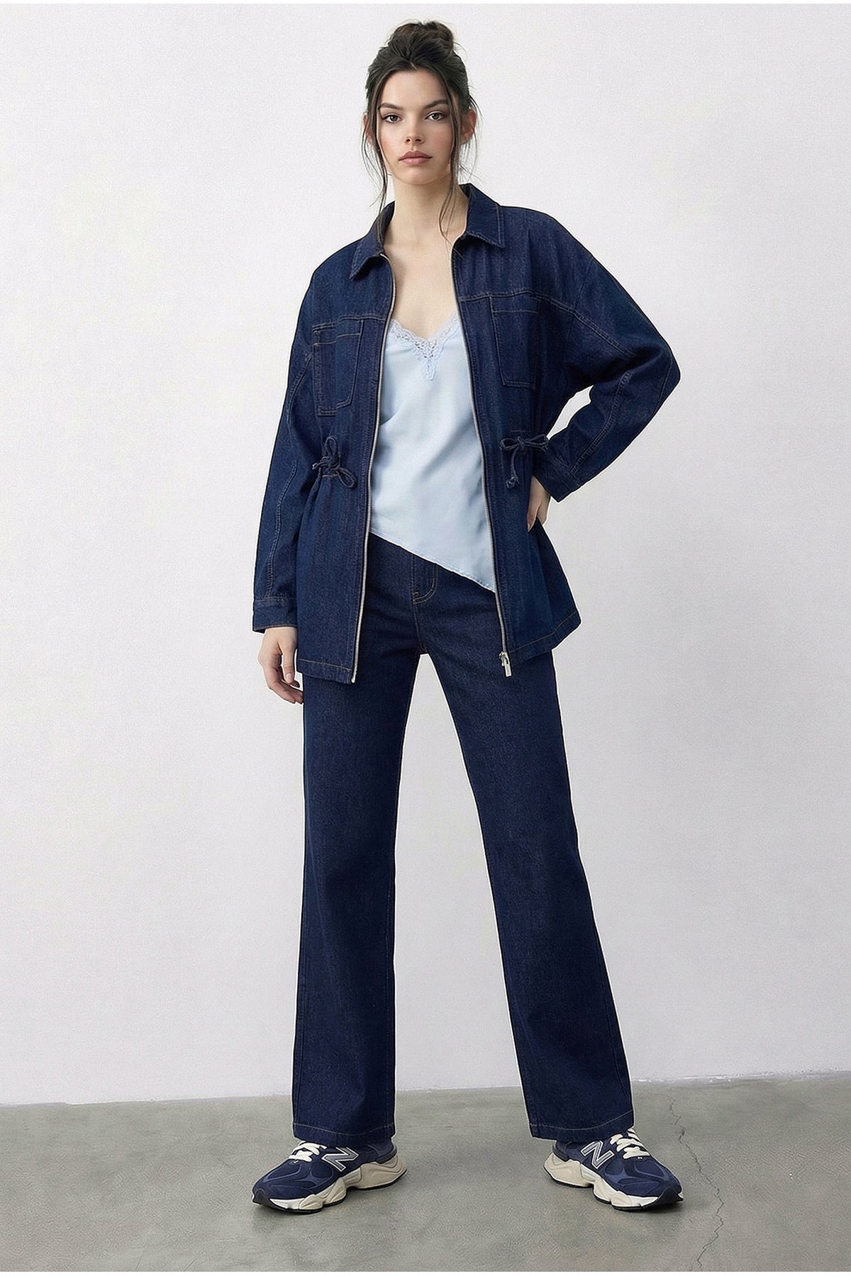 Women's Zippered Waist Tie Pocket Detailed Denim Bottom-Top Set 60597 60286011