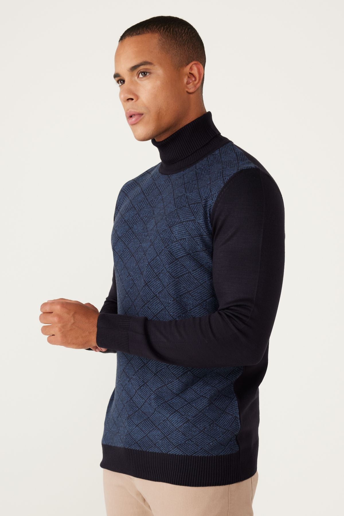 Men's Navy Blue-Indigo Flash Standard Full Fishing Fisherman Neck Patterned Knitwear Kazak