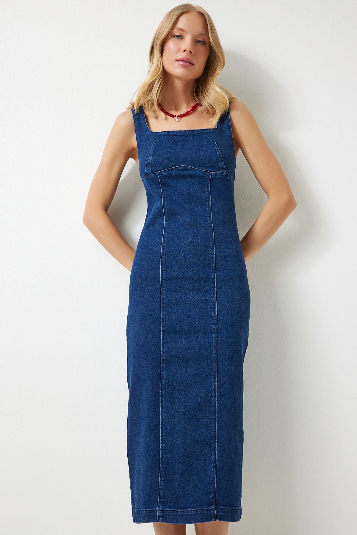 Woman Midi Denim Dress with Blue Zippered Hanger Ok00061