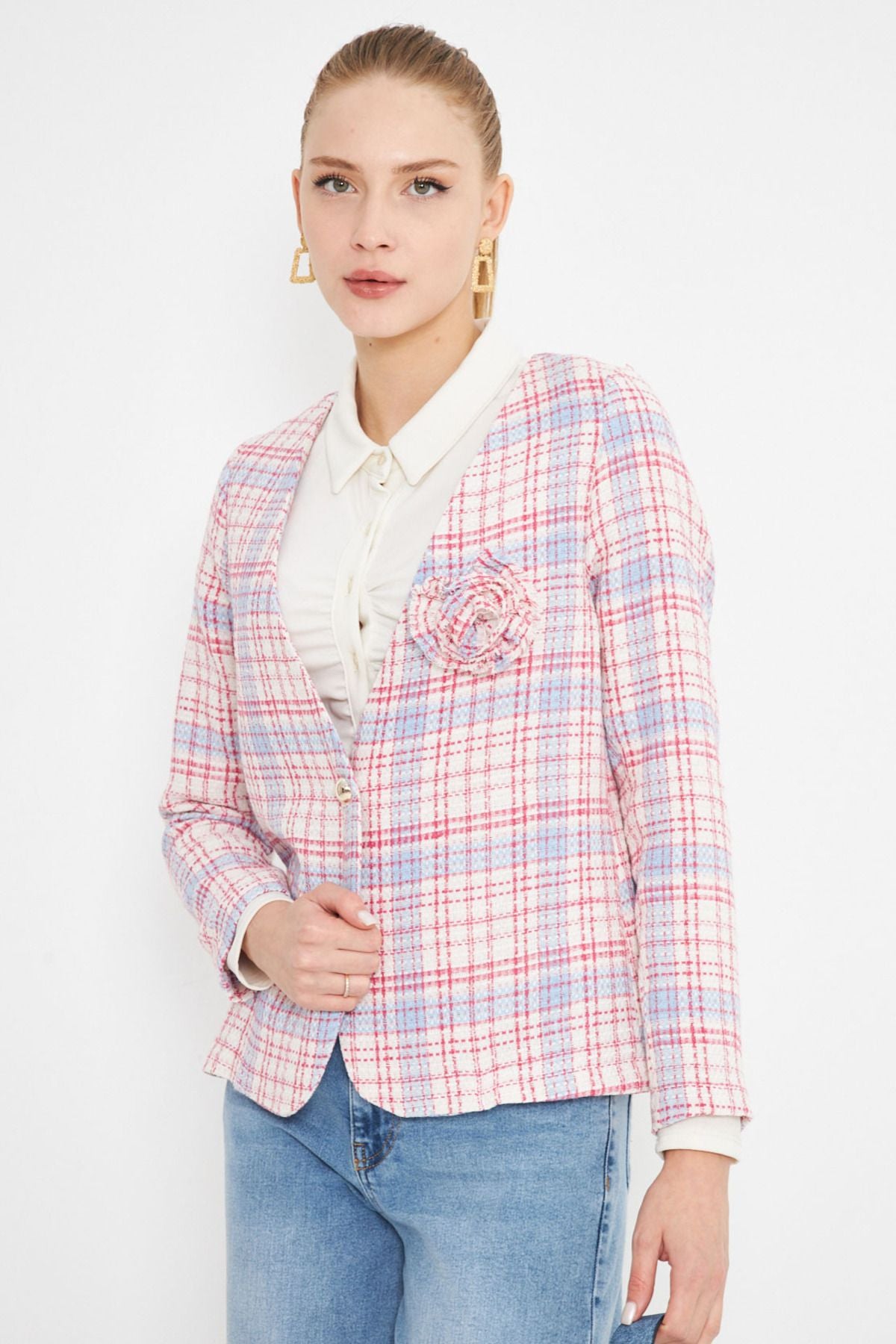 Women's Fuchsia V-Neck collar brooch detailed plaid jacket ARM-25K001033