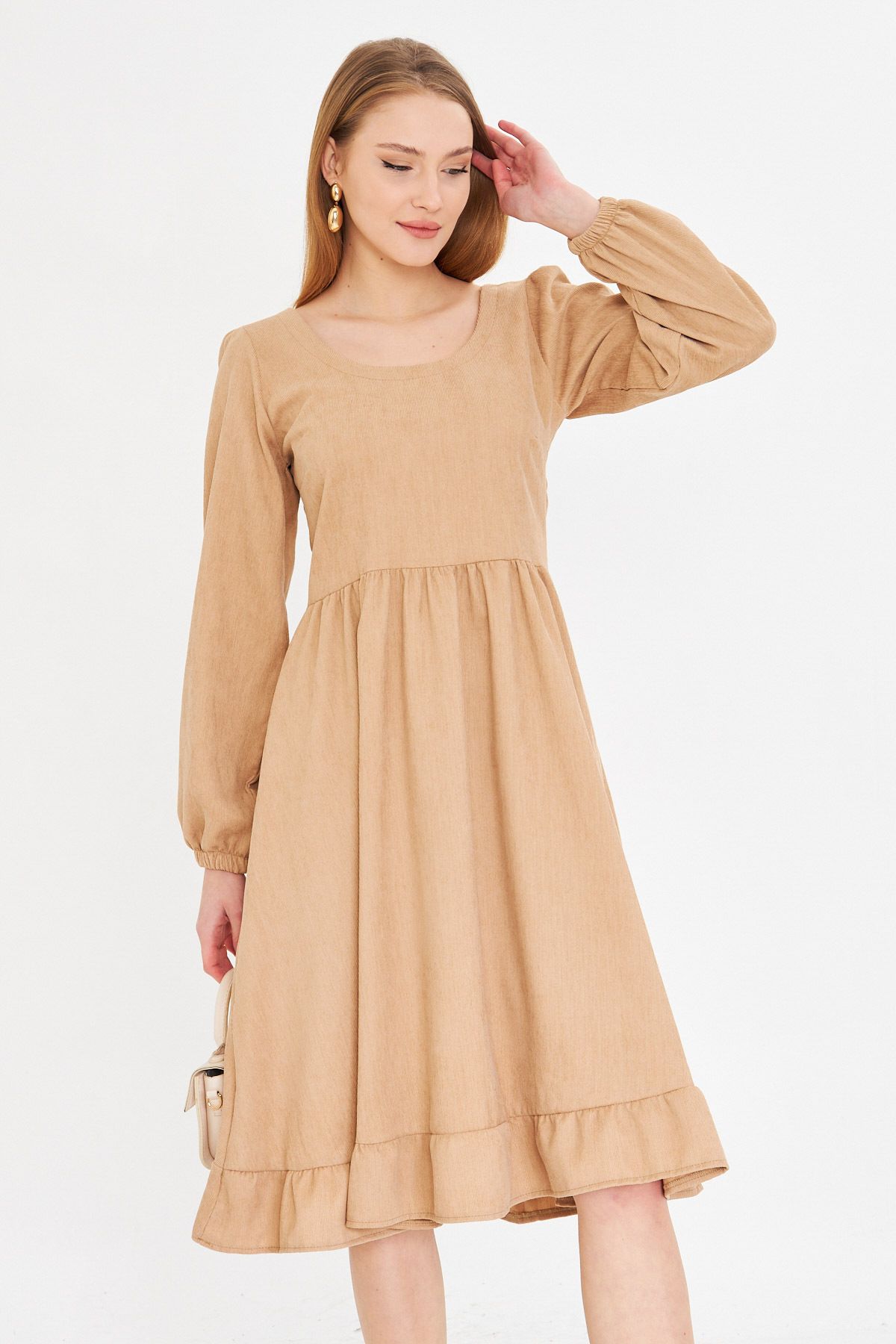 Female Beige U Back Back Zipper Waist Midi Boy Velvet Dress ARM-25K001103