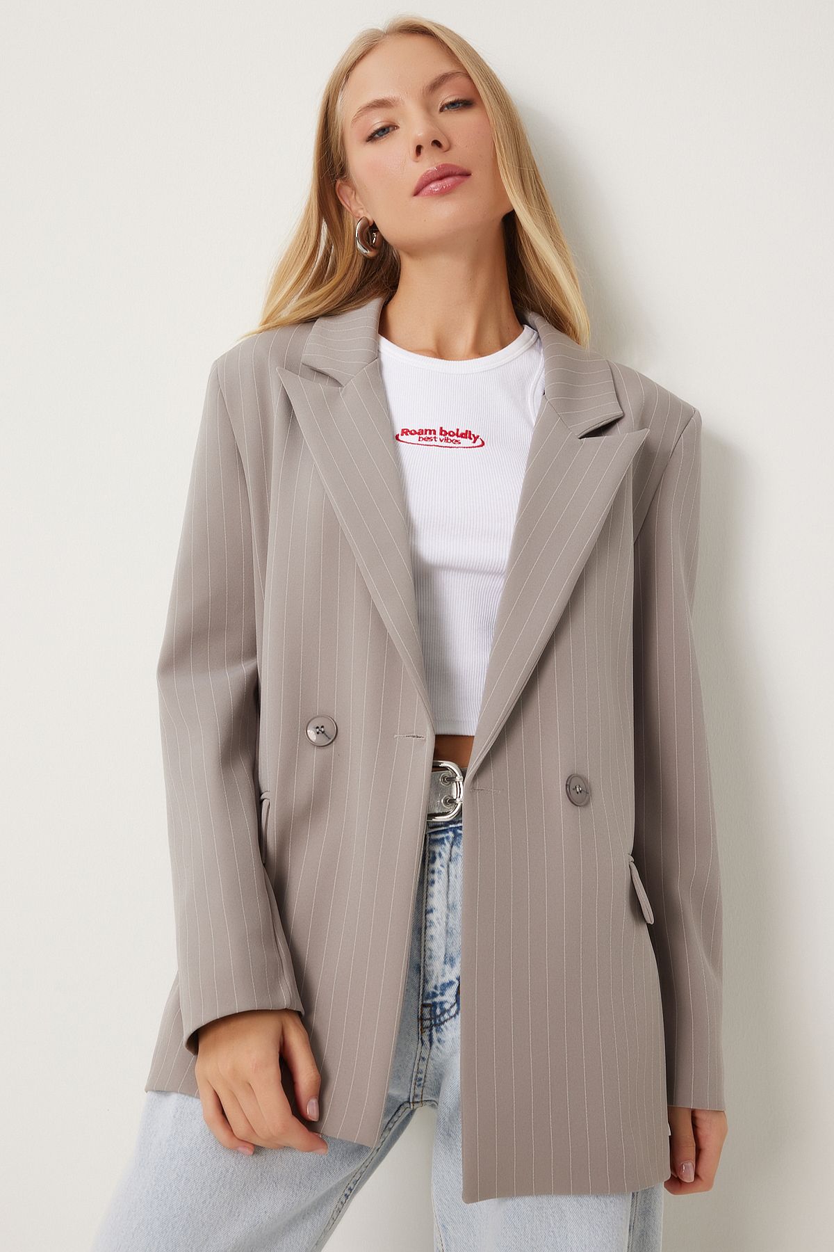Female mink fine striped oversize cruve jacket to00152