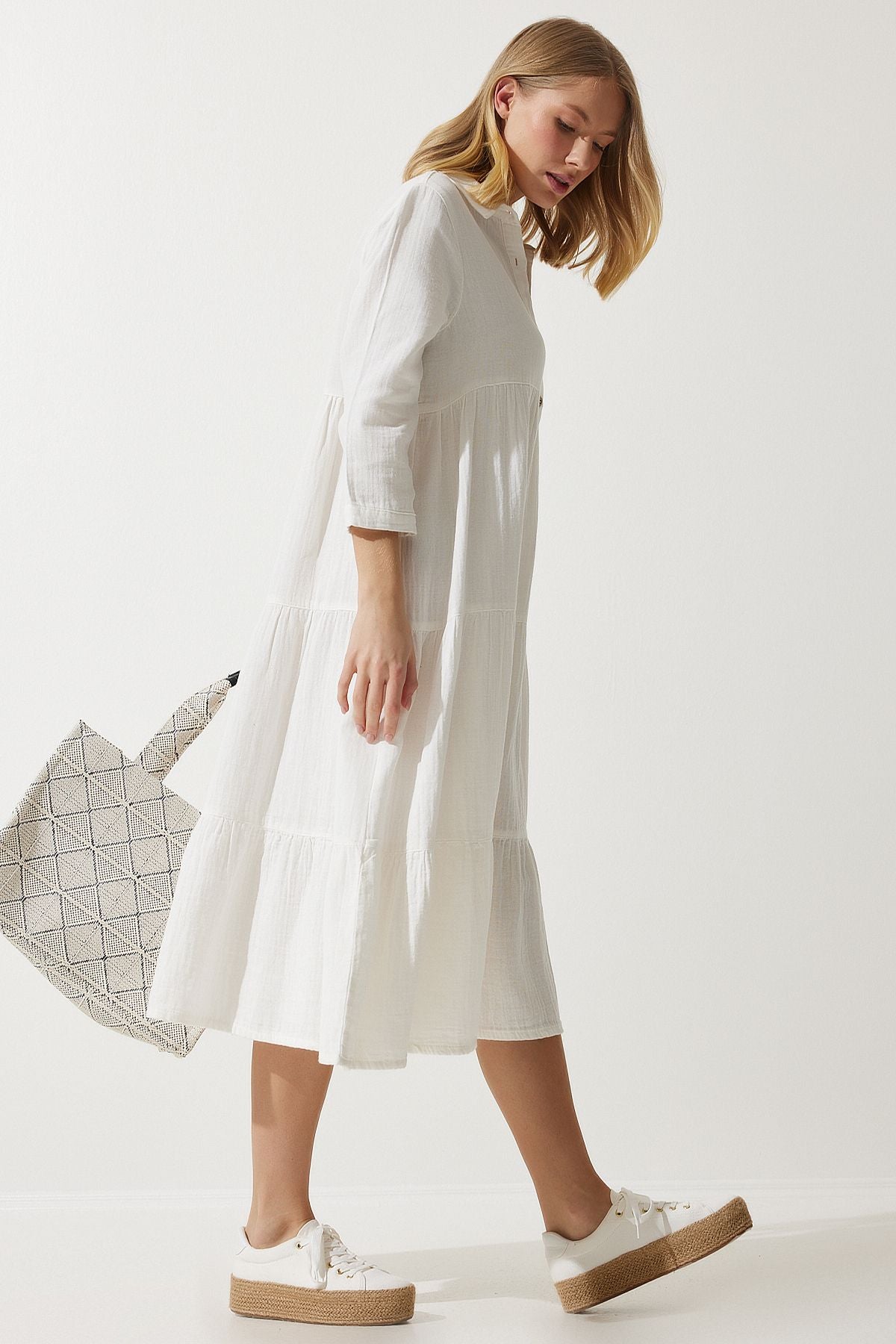 WOMEN ECRU MUSLIN KLOŞ SHIRT DRESS SA00024